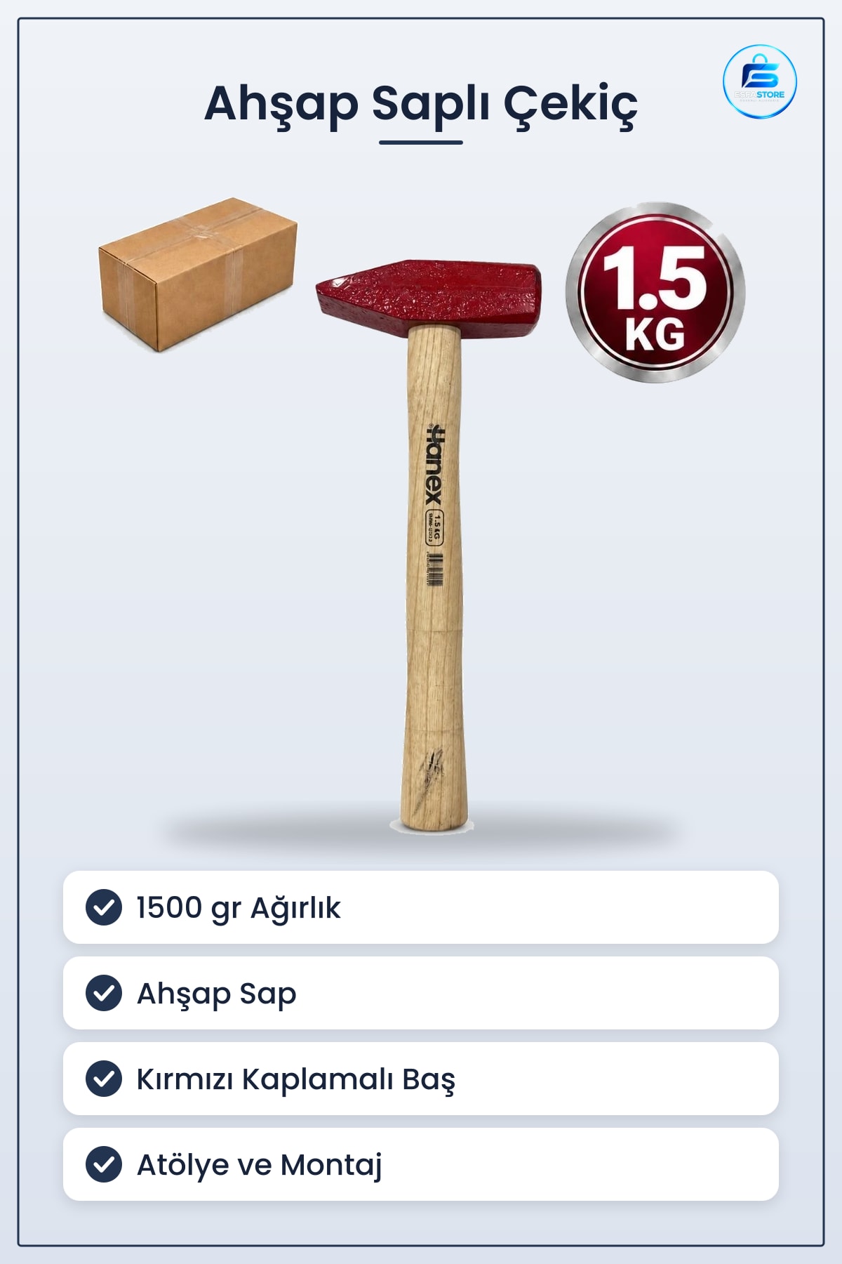 Çekiç 1500 GR Ahşap Saplı Manuel El Aletleri Atölye Tamir Montaj İnşaat Hırdavat Çekici