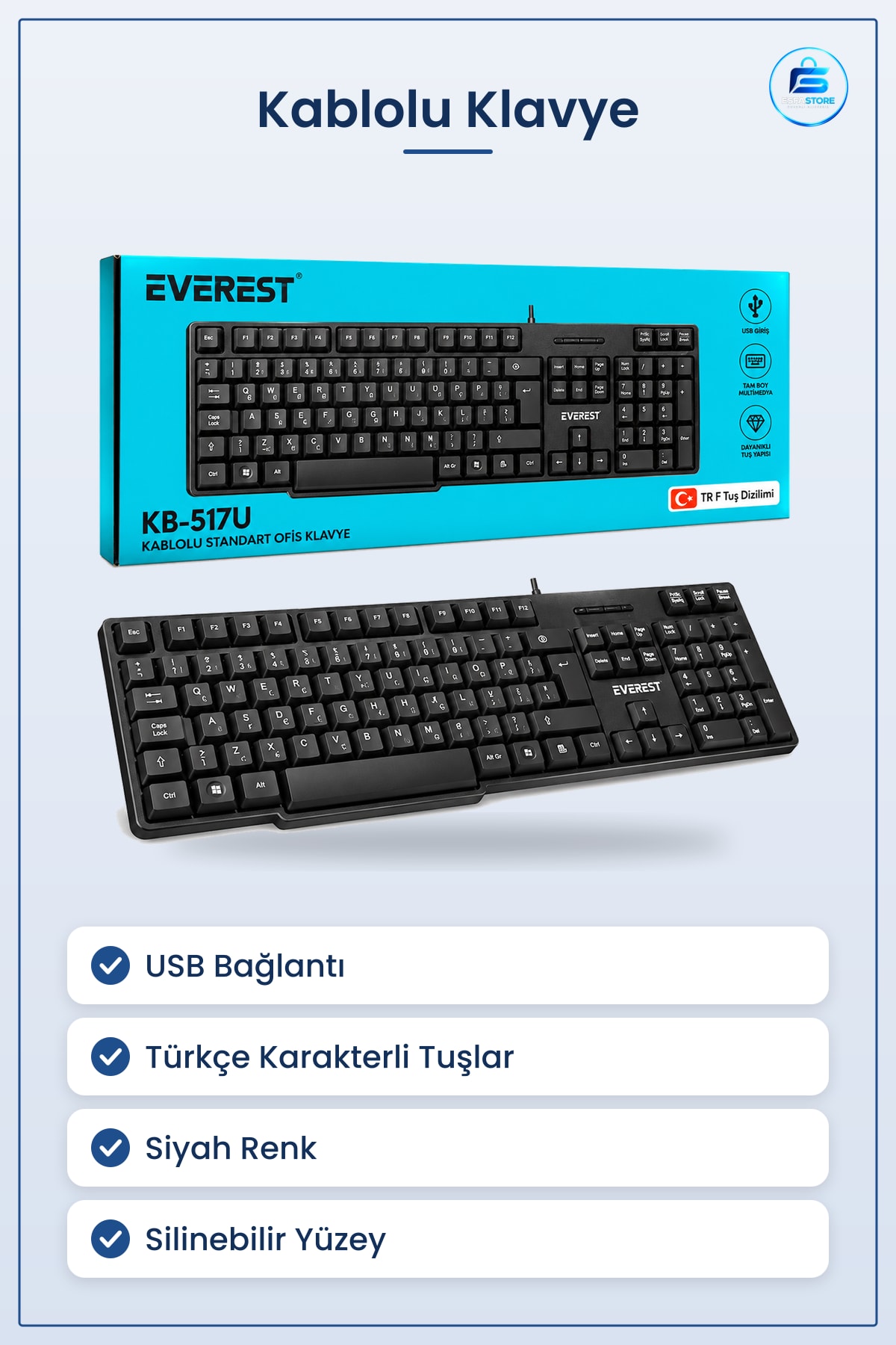 Kablolu Klavye Standart Ofis Siyah USB Türkçe Bilgisayar Klavyesi Ev Yazım Çalışması İçin