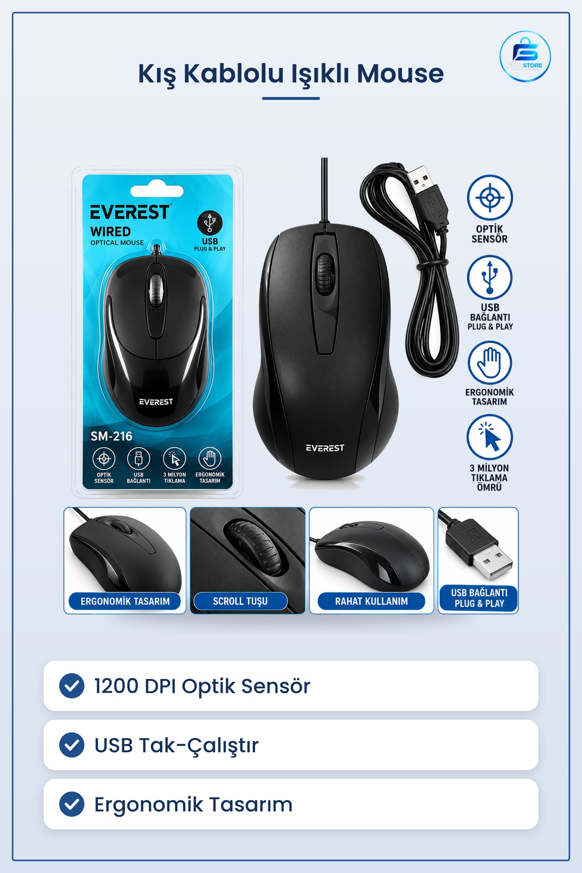 Mouse Kablolu USB Işıklı Optik DPI Bilgisayar Faresi Ofis Dizüstü Ergonomik Tasarım Oyun