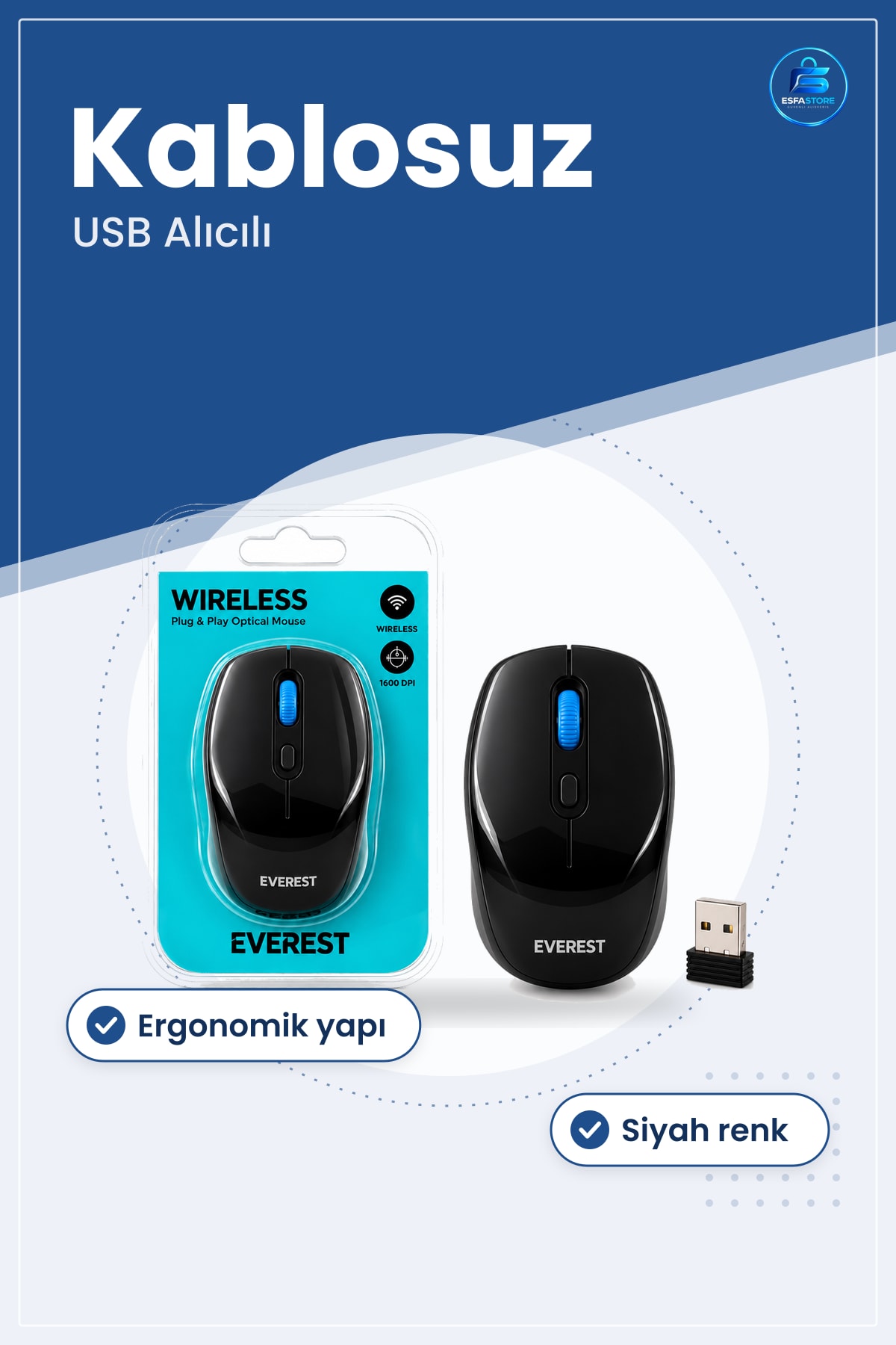 Kablosuz Optik Mouse Siyah USB Alıcılı Ergonomik Bilgisayar Dizstü Ofis Taşınabilir