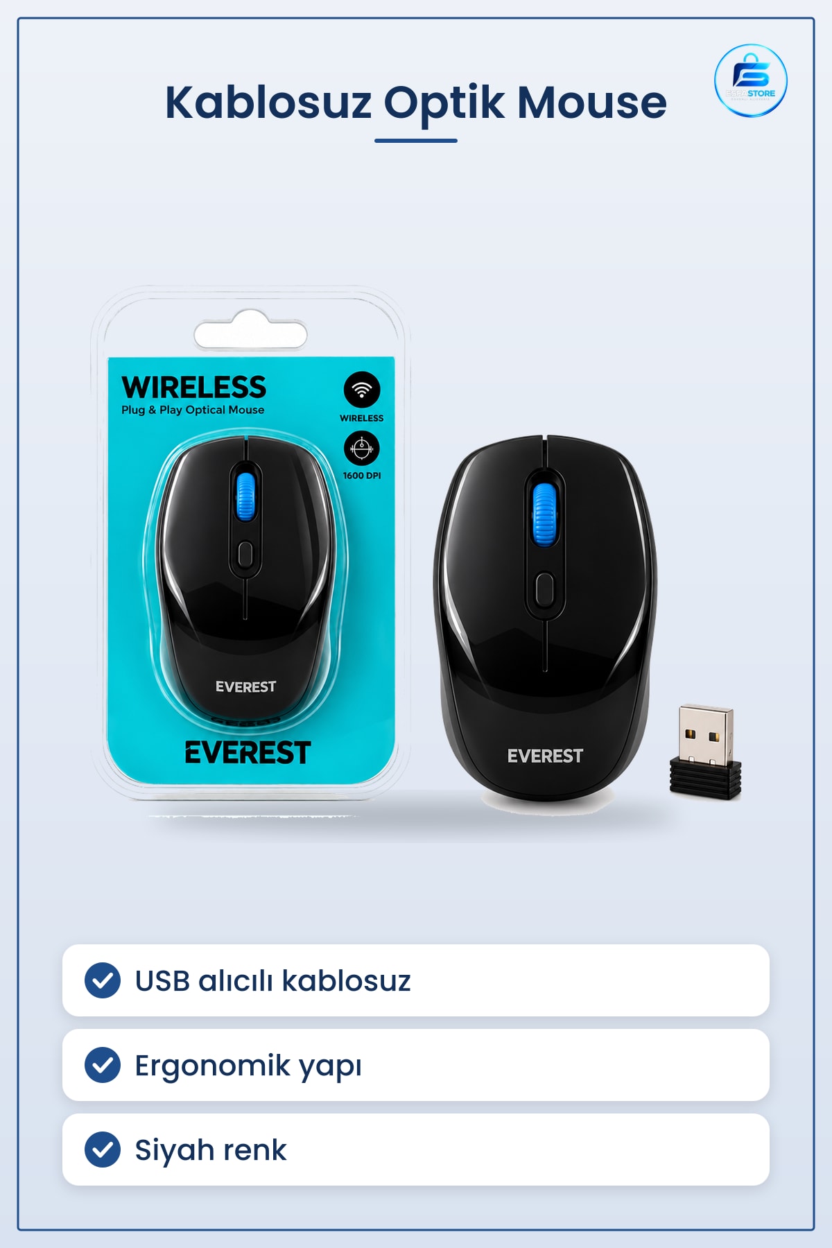 Kablosuz Optik Mouse Siyah USB Alıcılı Ergonomik Bilgisayar Dizstü Ofis Taşınabilir