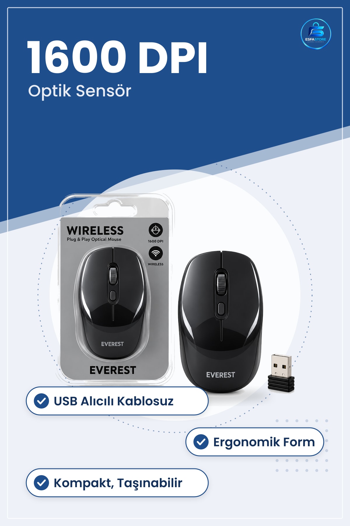 Kablosuz Optik Mouse DPI USB Alıcılı Ofis Ev Bilgisayar Ergonomik Siyah Taşınabilir