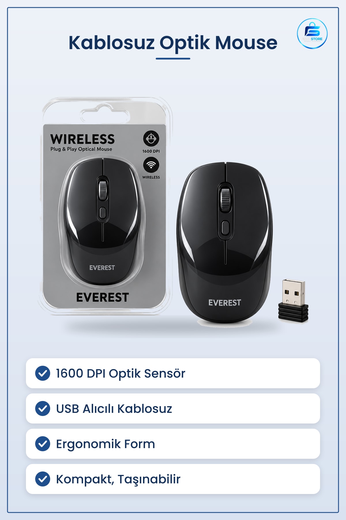 Kablosuz Optik Mouse DPI USB Alıcılı Ofis Ev Bilgisayar Ergonomik Siyah Taşınabilir