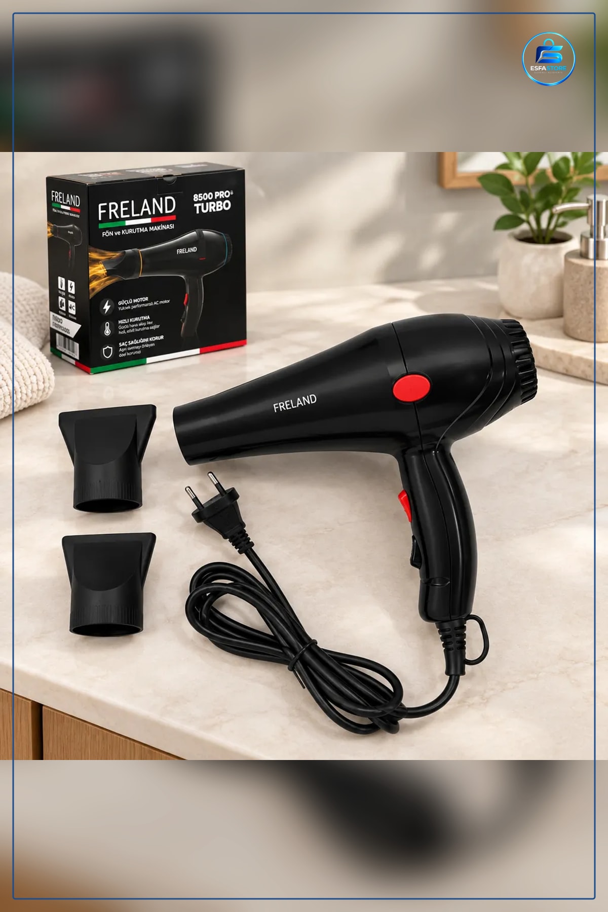 Fön Makinesi FRELAND PRO Turbo Saç Kurutma Cihazı Siyah 2 Başlıklı Ev Tipi Kişisel Bakım