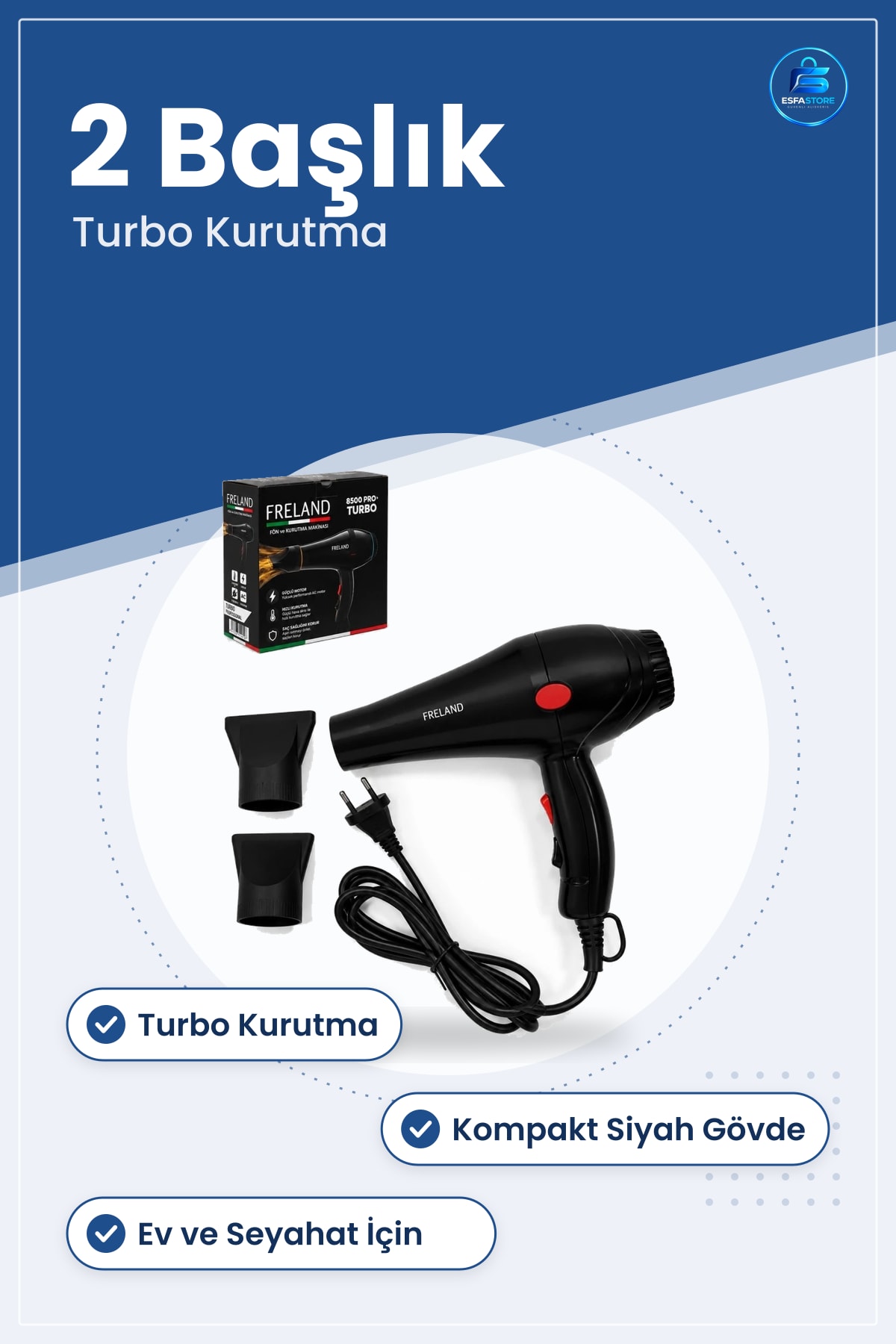 Fön Makinesi FRELAND PRO Turbo Saç Kurutma Cihazı Siyah 2 Başlıklı Ev Tipi Kişisel Bakım
