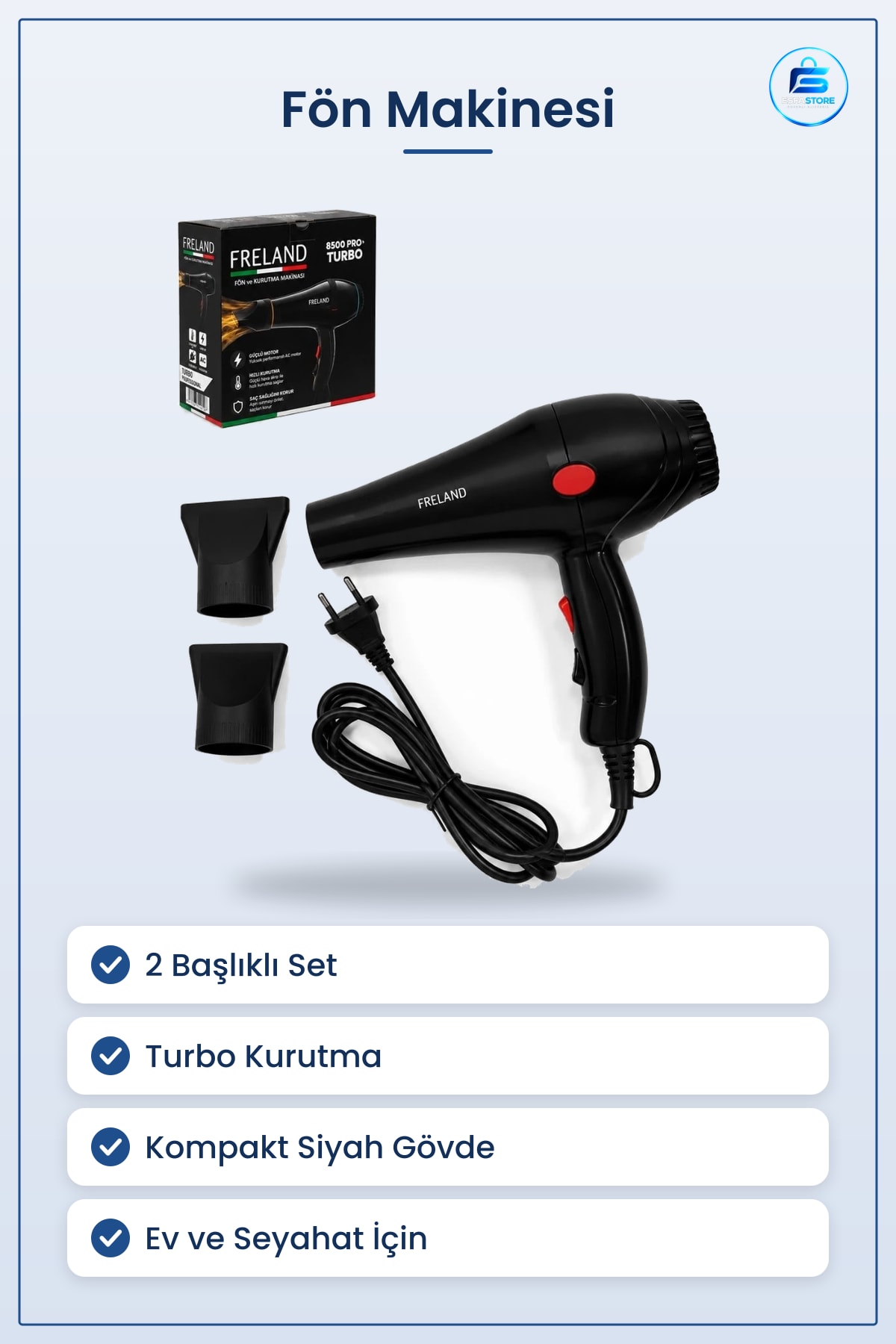 Fön Makinesi FRELAND PRO Turbo Saç Kurutma Cihazı Siyah 2 Başlıklı Ev Tipi Kişisel Bakım