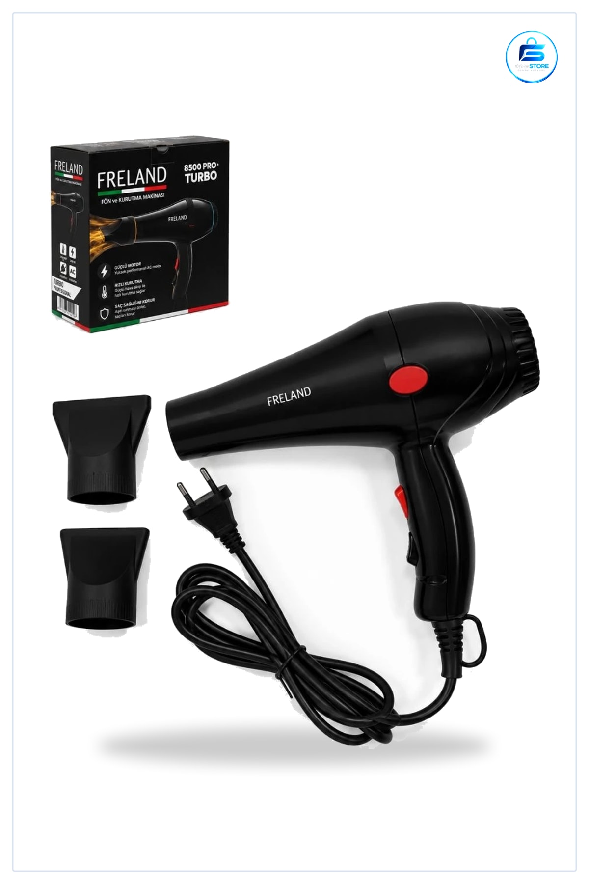 Fön Makinesi FRELAND PRO Turbo Saç Kurutma Cihazı Siyah 2 Başlıklı Ev Tipi Kişisel Bakım