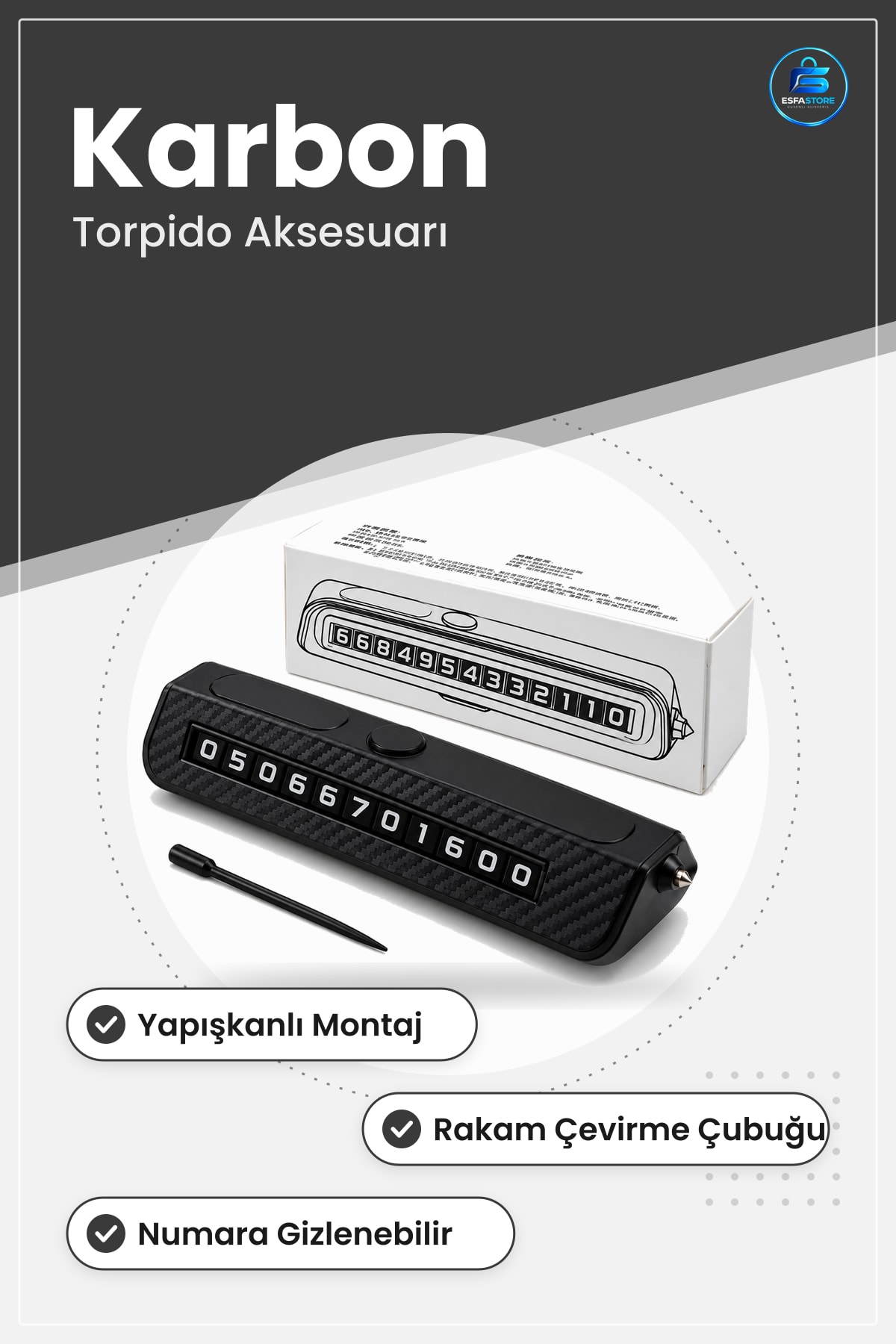Torpido Aksesuar Araç Park Telefon Numaratörü Karbon Fiber Görünümlü Yapışkanlı Montaj Çubuklu