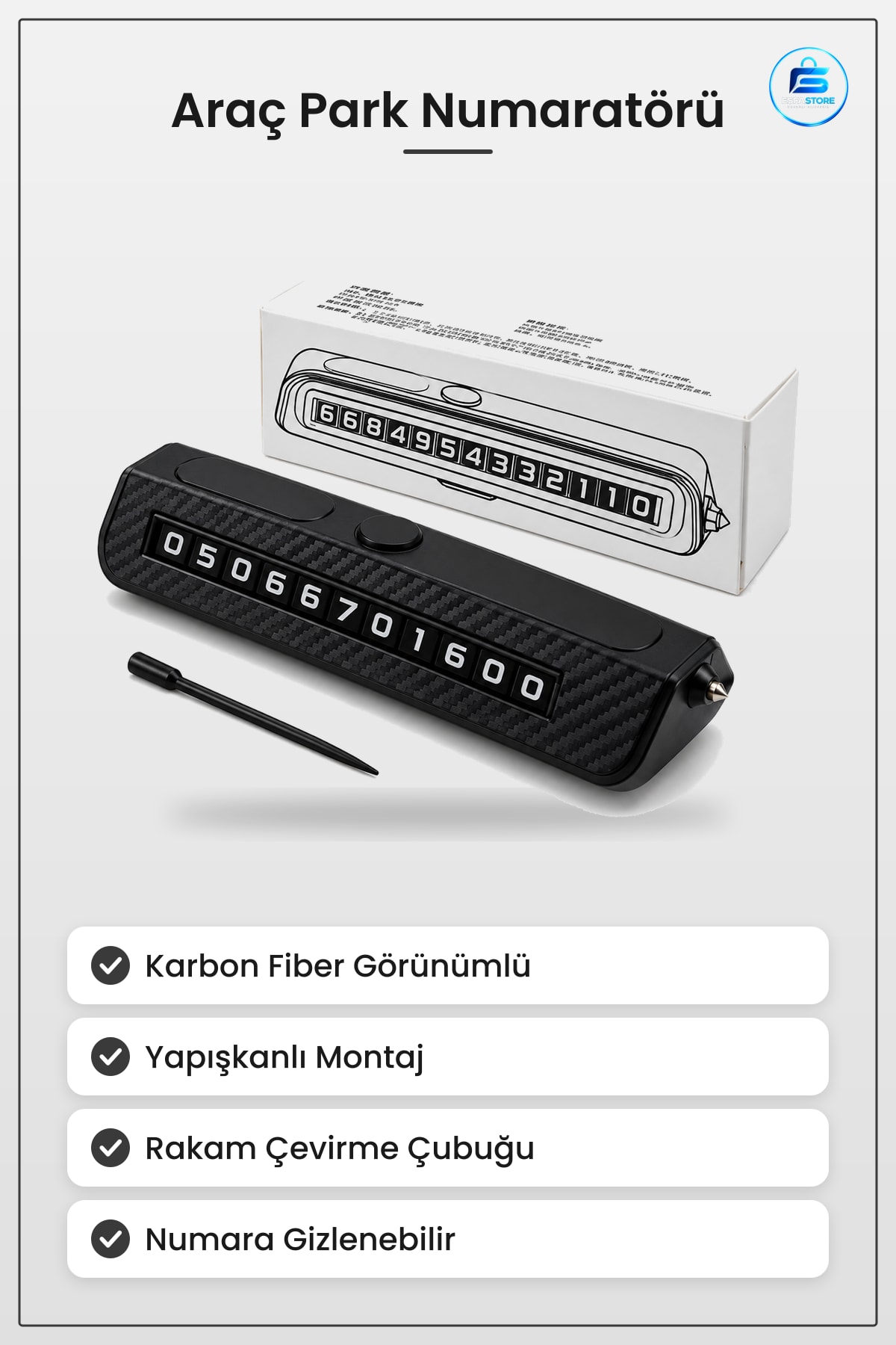 Torpido Aksesuar Araç Park Telefon Numaratörü Karbon Fiber Görünümlü Yapışkanlı Montaj Çubuklu