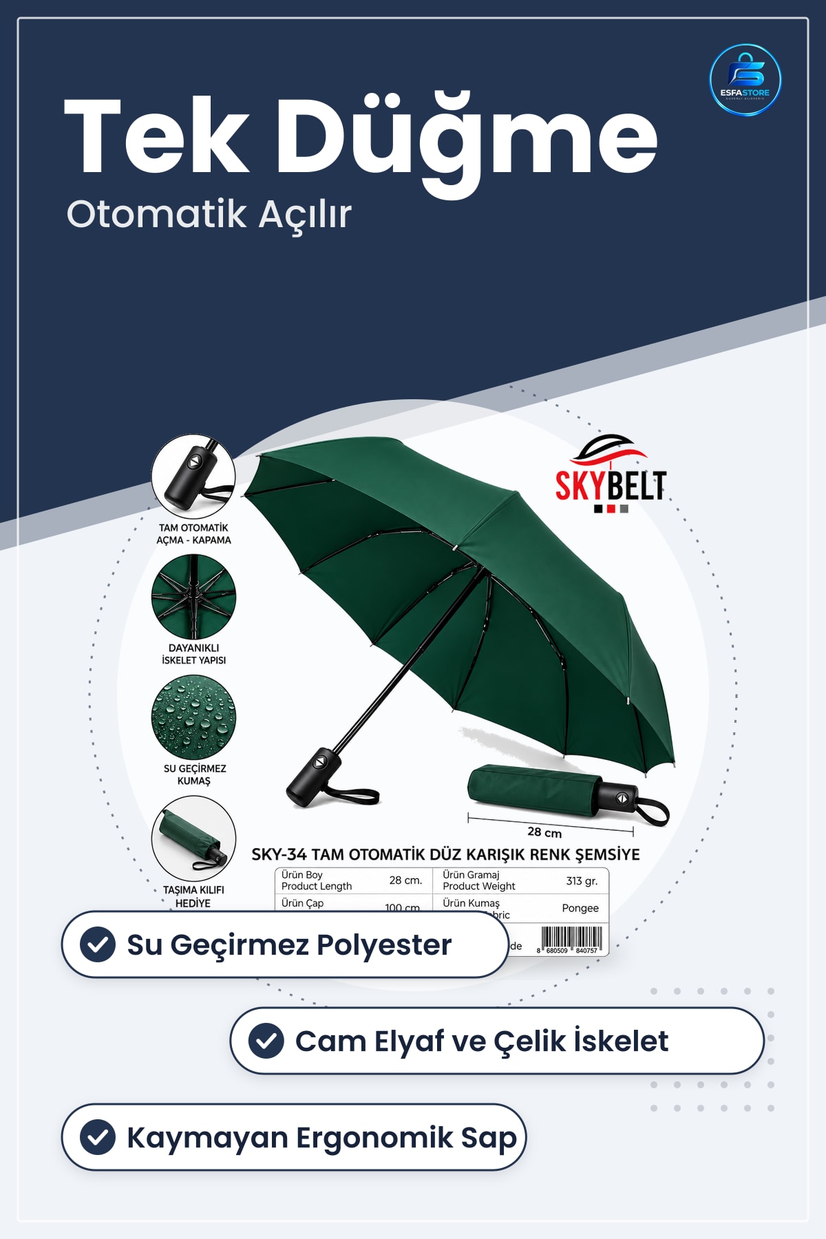 Şemsiye Tam Otomatik Erkek Katlanabilir Rüzgara Dayanıklı Su Geçirmez Yağmur Korumalı Hafif