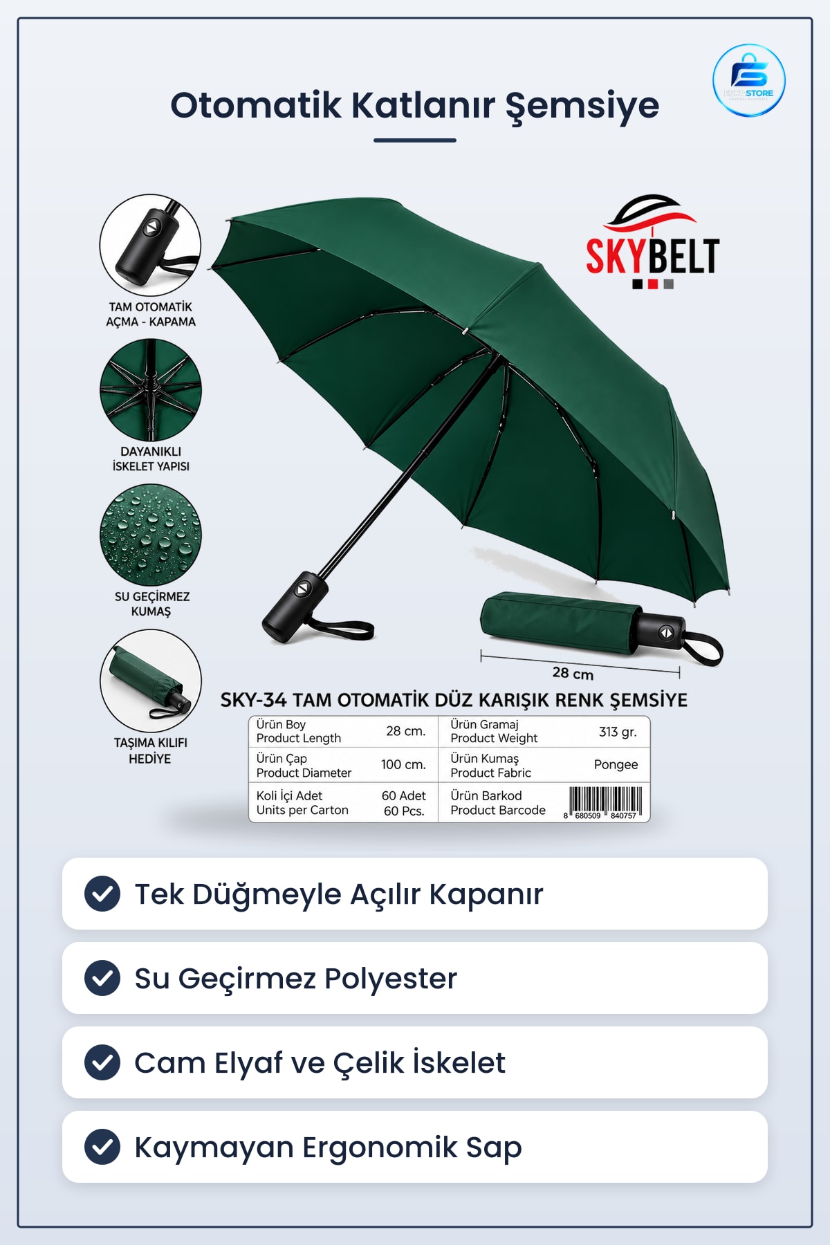 Şemsiye Tam Otomatik Erkek Katlanabilir Rüzgara Dayanıklı Su Geçirmez Yağmur Korumalı Hafif
