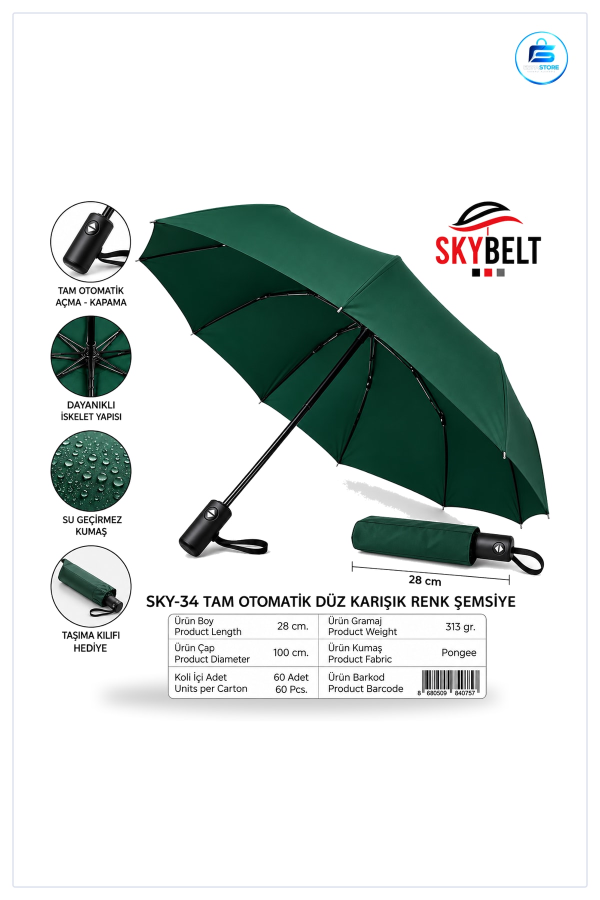 Şemsiye Tam Otomatik Erkek Katlanabilir Rüzgara Dayanıklı Su Geçirmez Yağmur Korumalı Hafif