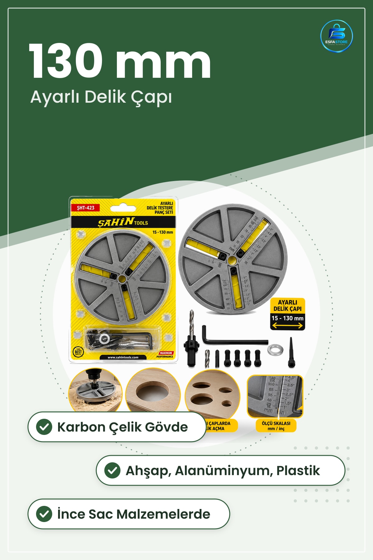 Matkap Ucu Ayarlı Delik Testere Panç Seti ila 130 mm Ahşap Karbon Çelik Dairesel Kesici