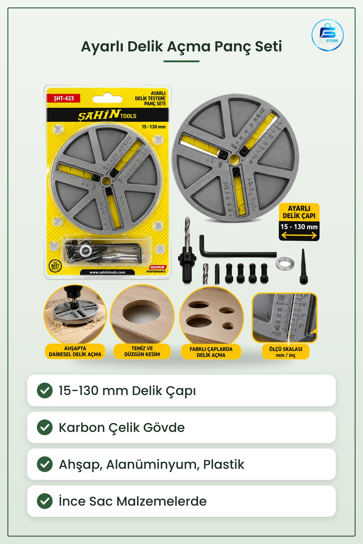 Matkap Ucu Ayarlı Delik Testere Panç Seti ila 130 mm Ahşap Karbon Çelik Dairesel Kesici