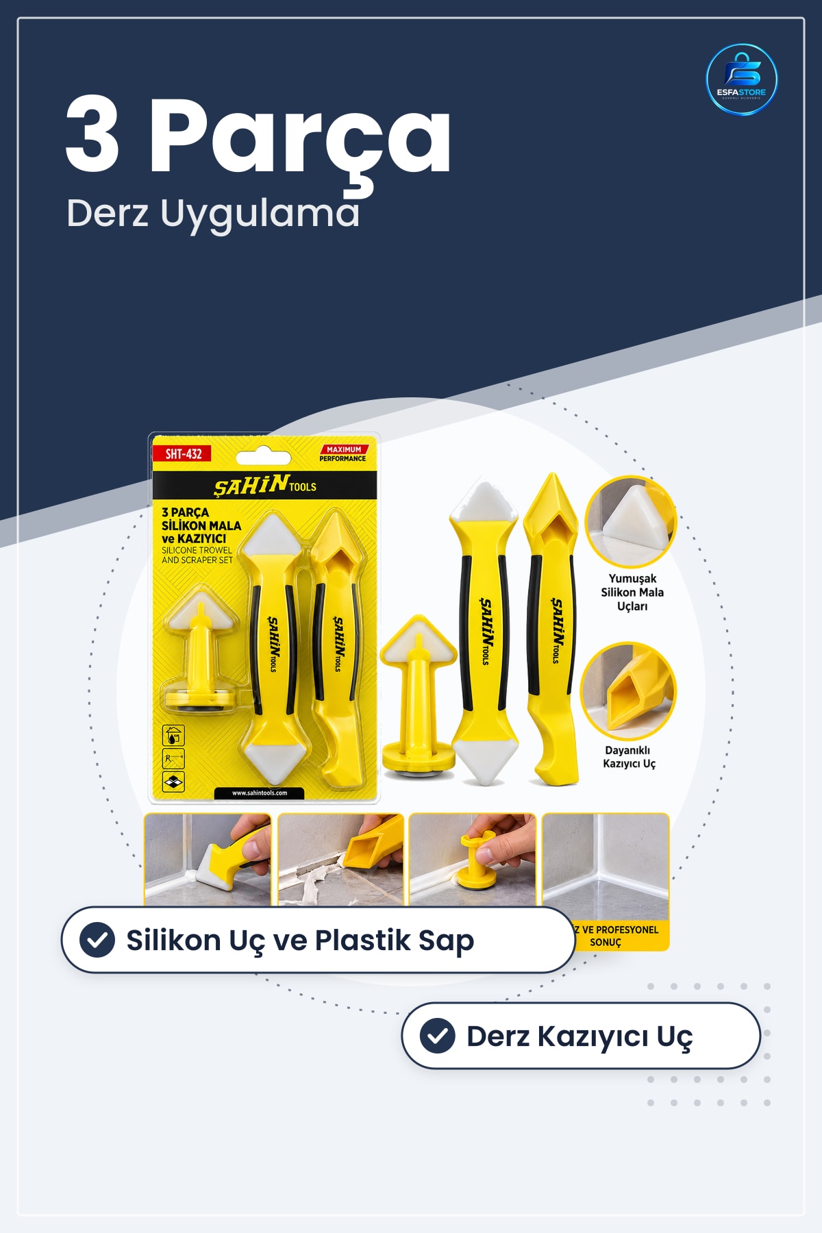 Silikon Mala ve Derz Kazıyıcı 3 Parça Set Banyo Mutfak Fayans Dolgu Uygulama Aracı