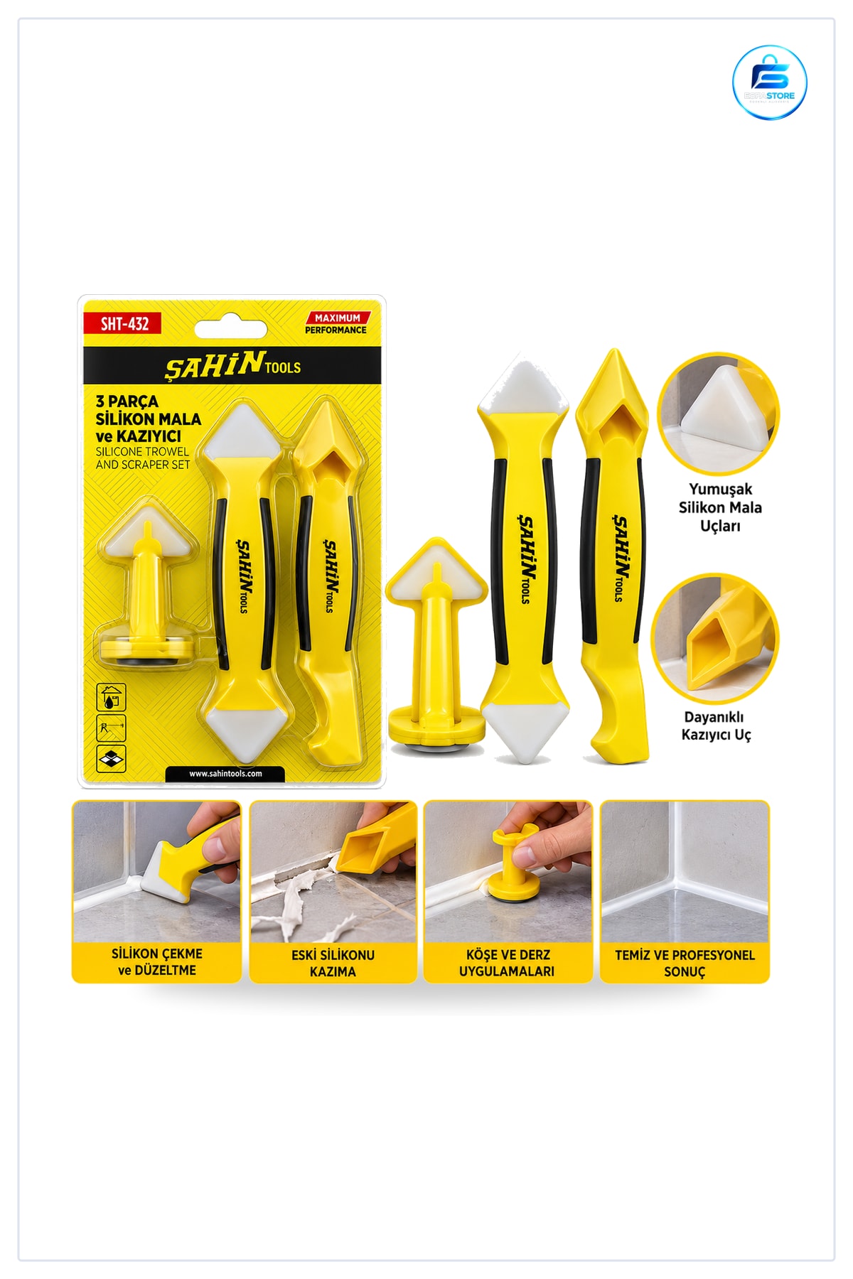Silikon Mala ve Derz Kazıyıcı 3 Parça Set Banyo Mutfak Fayans Dolgu Uygulama Aracı