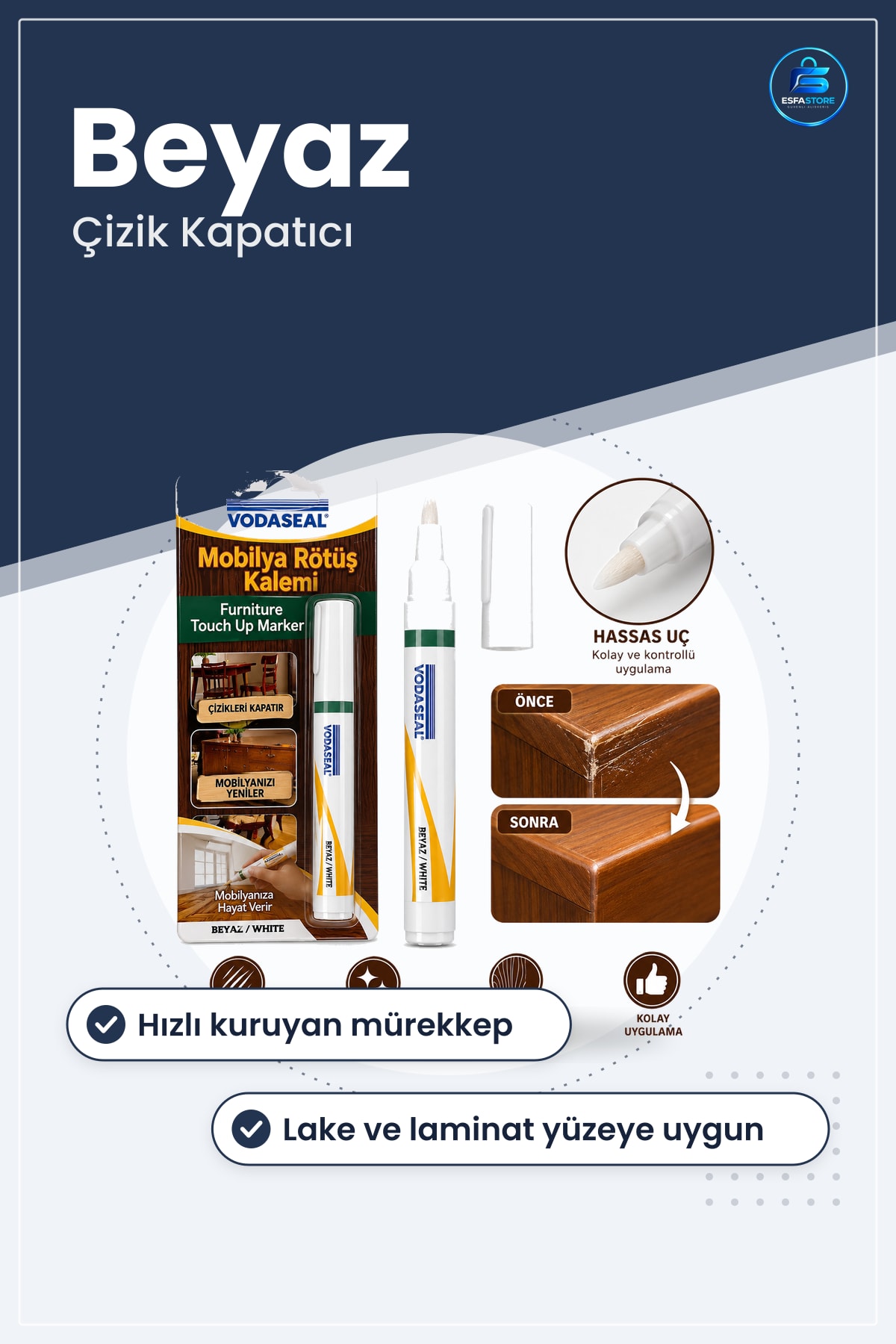 Mobilya Rötuş Kalemi Beyaz Hızlı Kuruyan Çizik Kapatıcı Ahşap Lake Laminat Vernikli Yüzey