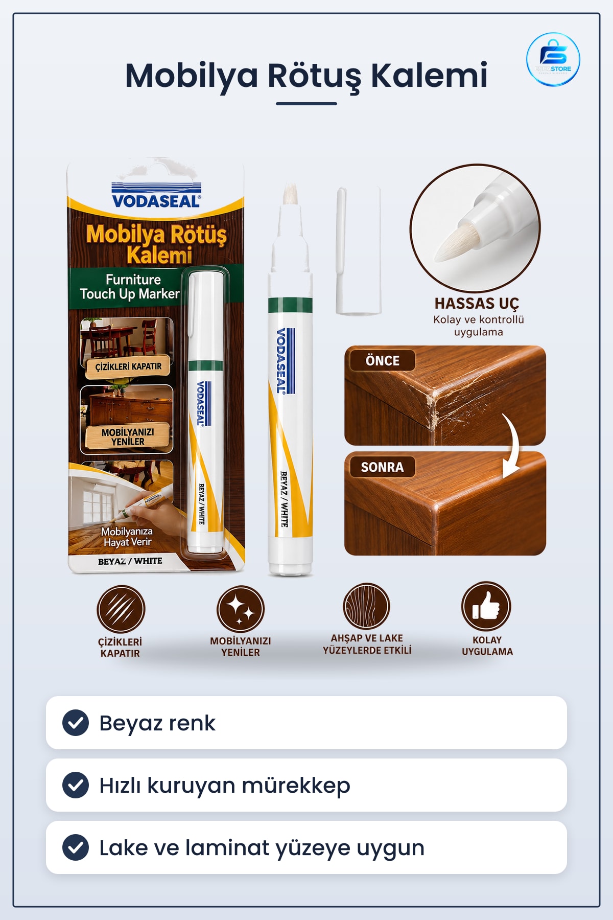Mobilya Rötuş Kalemi Beyaz Hızlı Kuruyan Çizik Kapatıcı Ahşap Lake Laminat Vernikli Yüzey