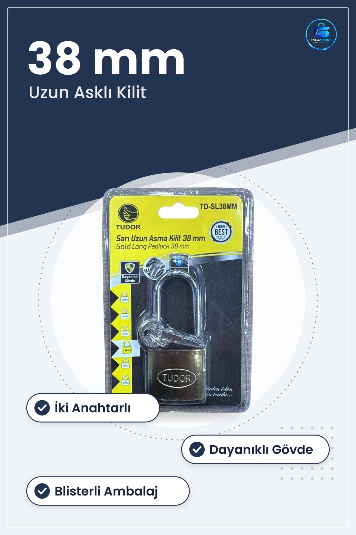 Asma Kilit 38 mm Uzun Sarı Dayanıklı Gövde Anahtarlı Güvenlik Kapı Dolap Bahçe Blisterli