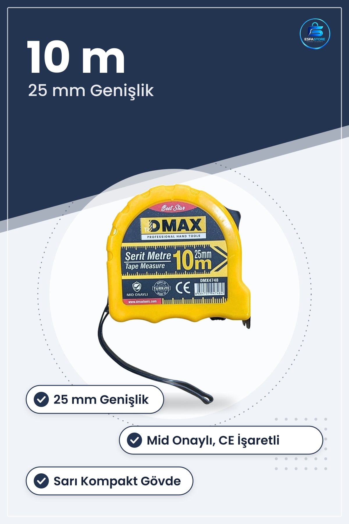 Şerit Metre 10 m x 25 mm Sarı Kasalı Ölçüm Aleti Manuel MİD Onaylı CE İşaretli Kompakt