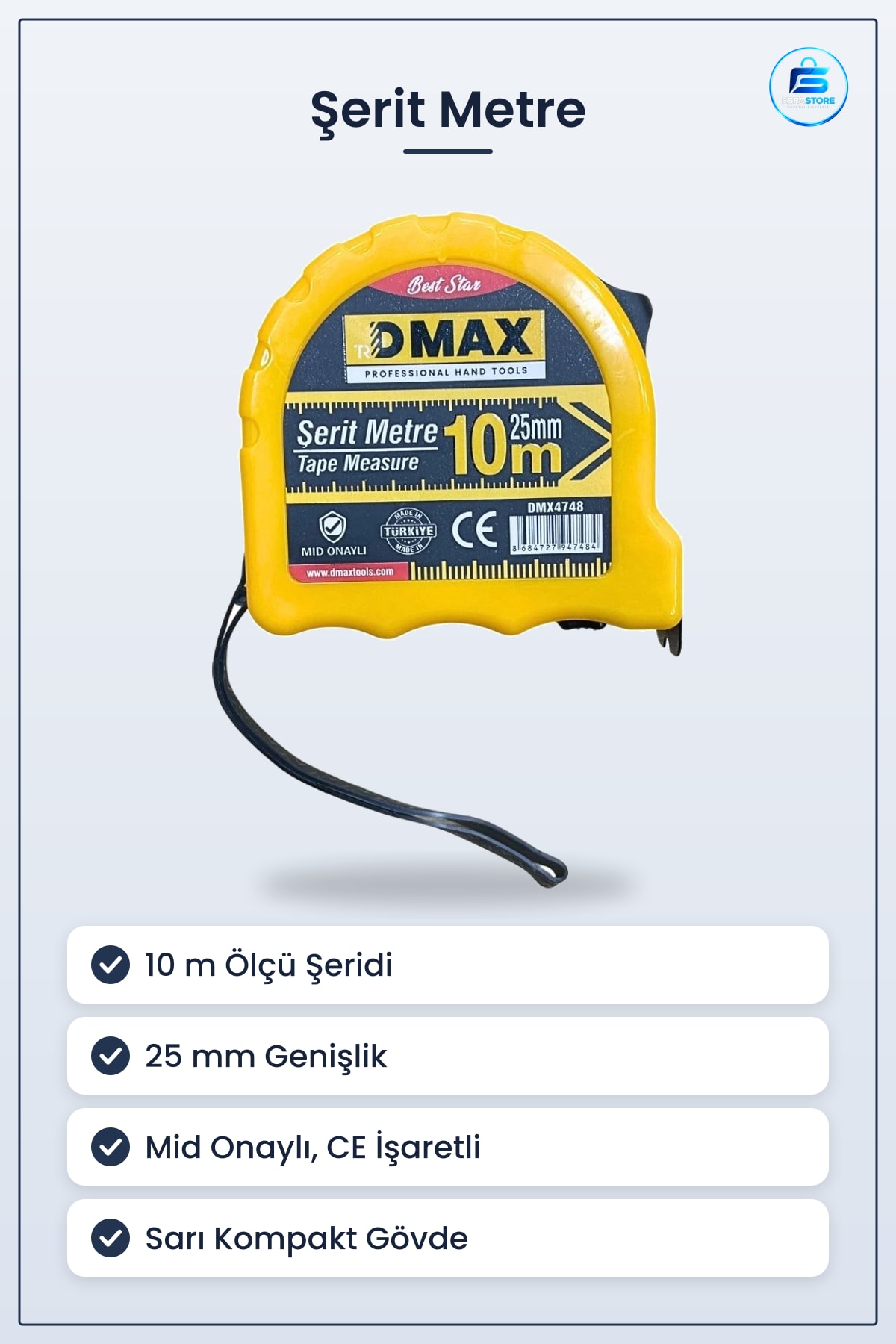 Şerit Metre 10 m x 25 mm Sarı Kasalı Ölçüm Aleti Manuel MİD Onaylı CE İşaretli Kompakt