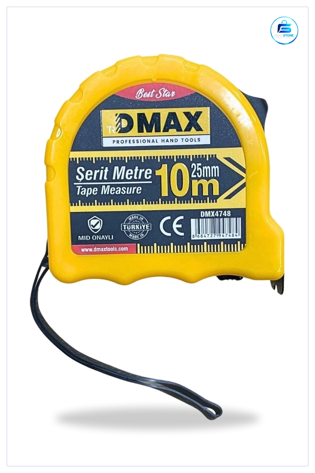 Şerit Metre 10 m x 25 mm Sarı Kasalı Ölçüm Aleti Manuel MİD Onaylı CE İşaretli Kompakt