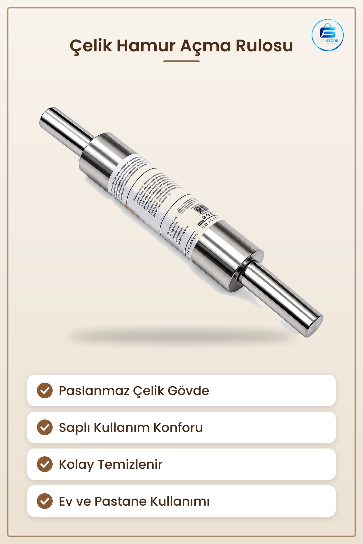 Merdane Çelik Hamur Açma Rulosu Saplı Paslanmaz Gövde Ev Mutfağı Pastane Profesyonel Kullanım
