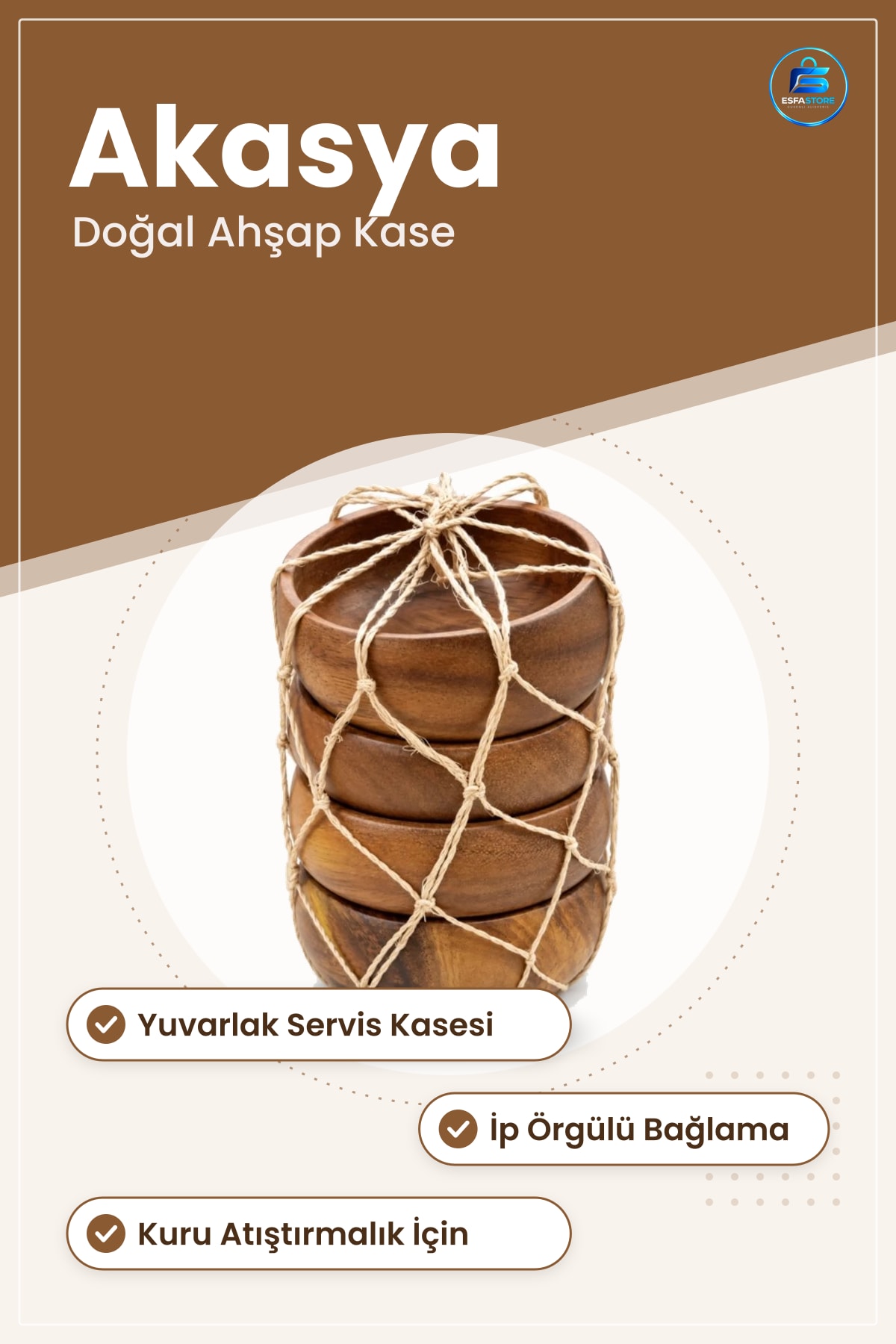 Akasya Ahşap Kase Çerezlik Doğal Sunum Mutfak Sofra Atıştırmalık Yuvarlak Servis Kasesi