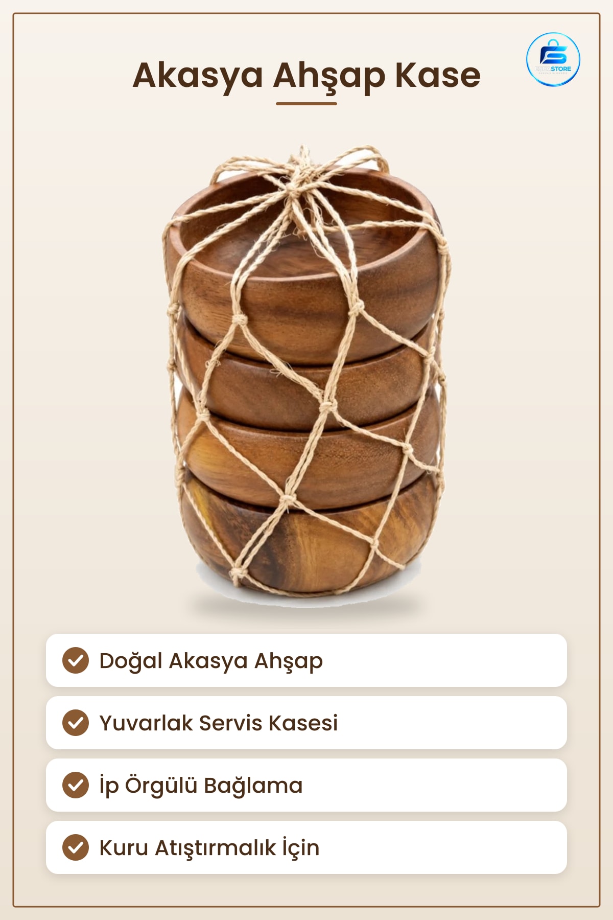Akasya Ahşap Kase Çerezlik Doğal Sunum Mutfak Sofra Atıştırmalık Yuvarlak Servis Kasesi