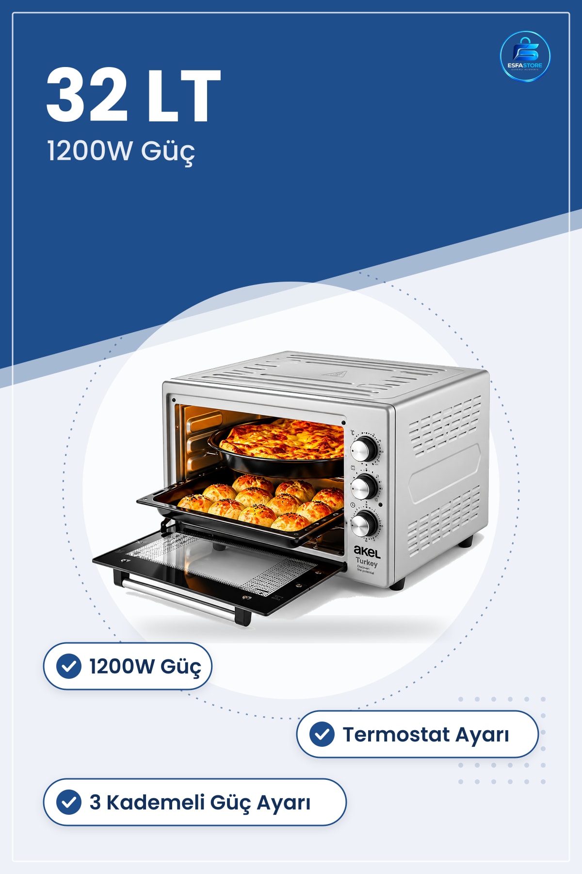 Midi Fırın 1200W 32LT Saatli Kare 3 Kademeli Güç Ayarlanabilir Termostat Mutfak Pişirme