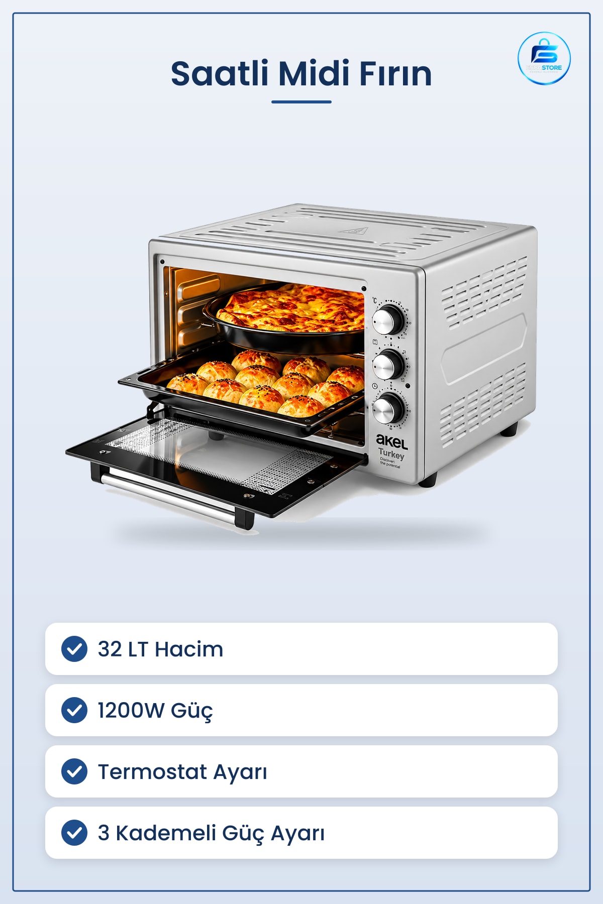 Midi Fırın 1200W 32LT Saatli Kare 3 Kademeli Güç Ayarlanabilir Termostat Mutfak Pişirme