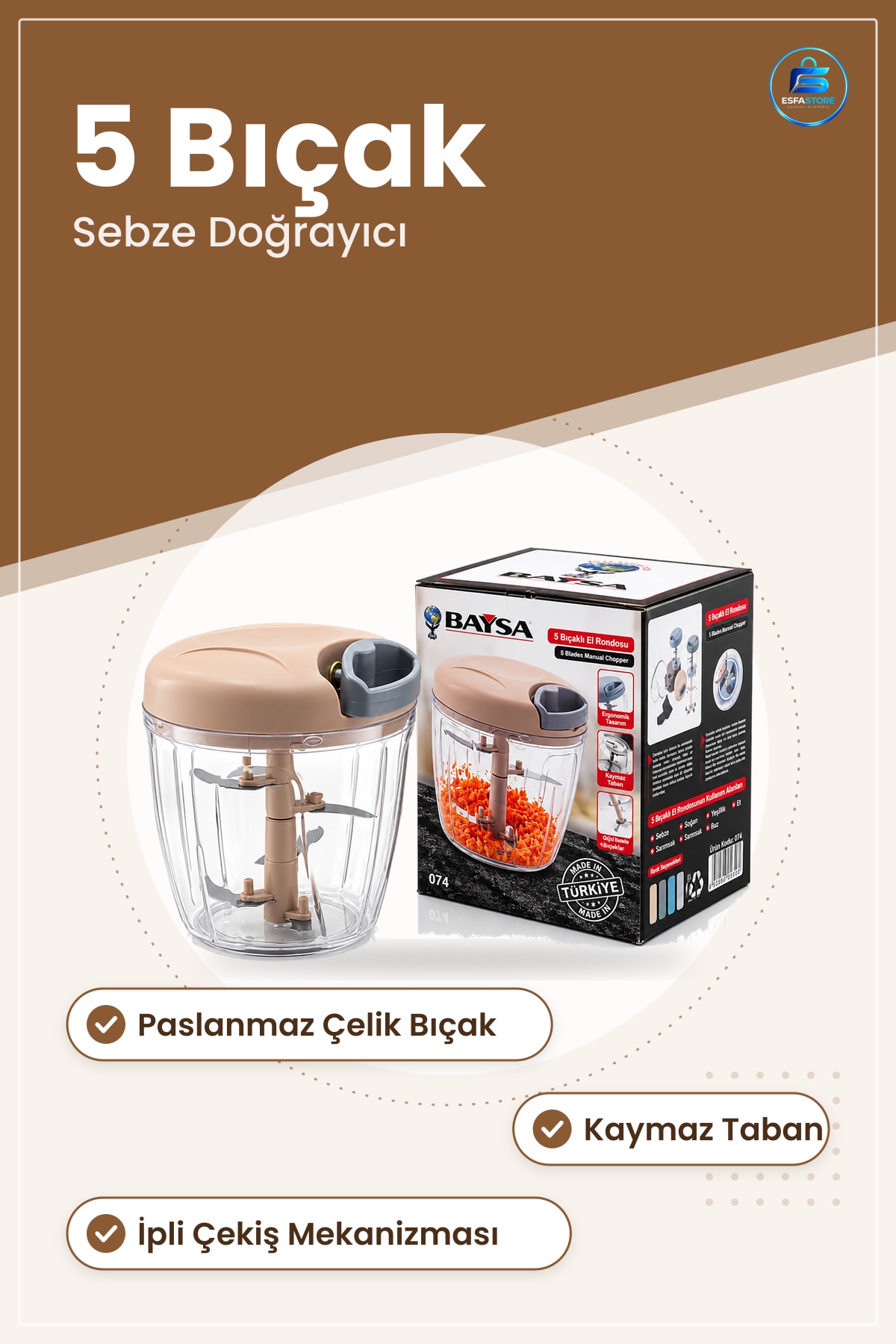 El Rondosu 5 Bıçaklı Sebze Doğrayıcı İpli Paslanmaz Bıçak Kaymaz Taban Mutfak İçin Pratik