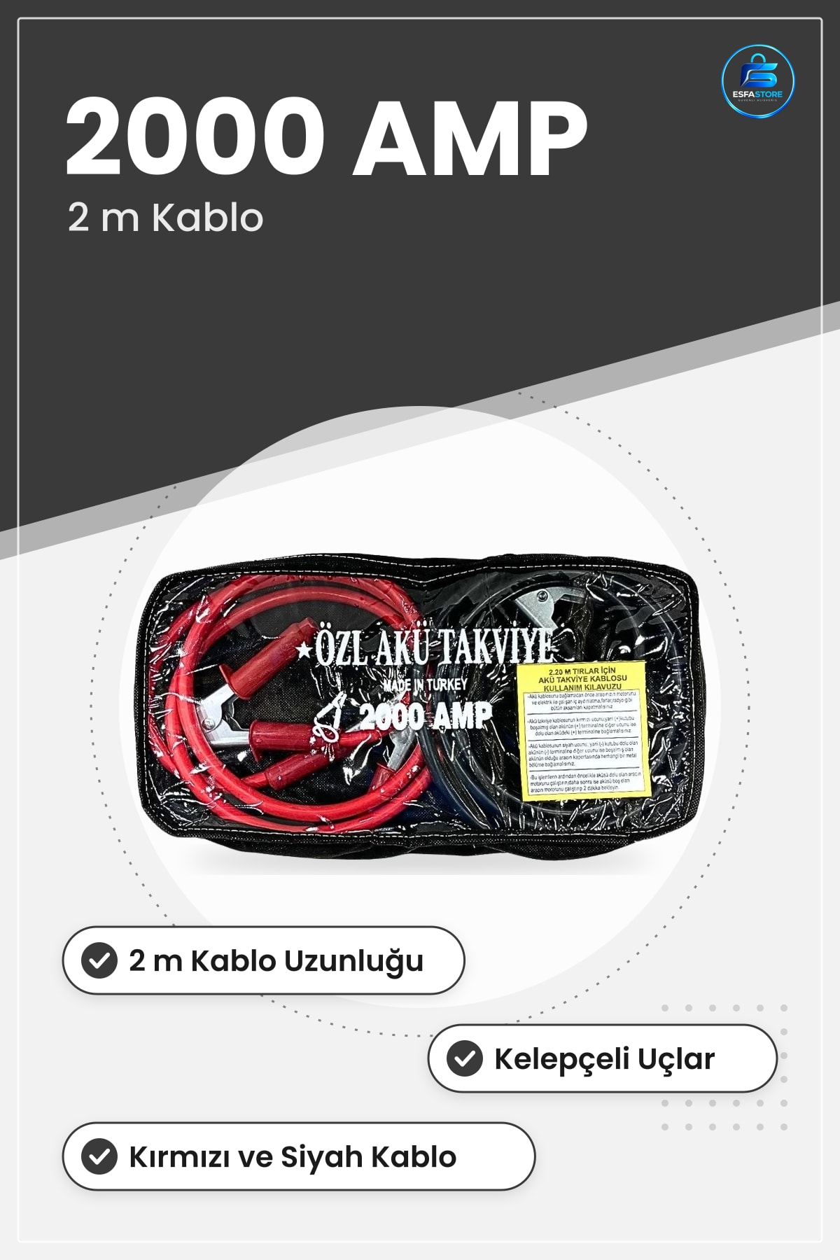 Akü Takviye Kablosu AMP 2 m Otomobil Araç Yol Yardım Acil Durum Kelepçeli Kırmızı Siyah