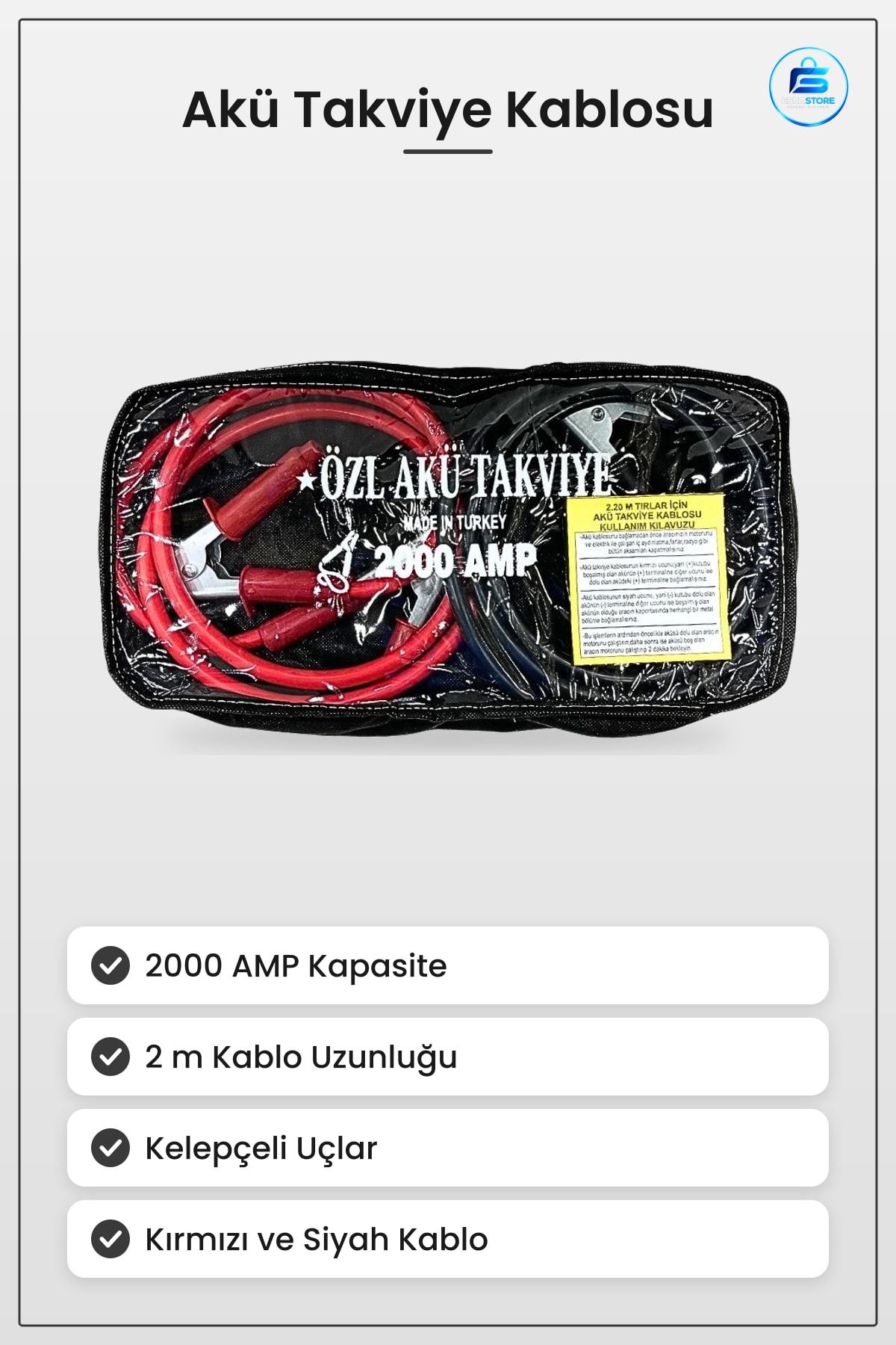 Akü Takviye Kablosu AMP 2 m Otomobil Araç Yol Yardım Acil Durum Kelepçeli Kırmızı Siyah