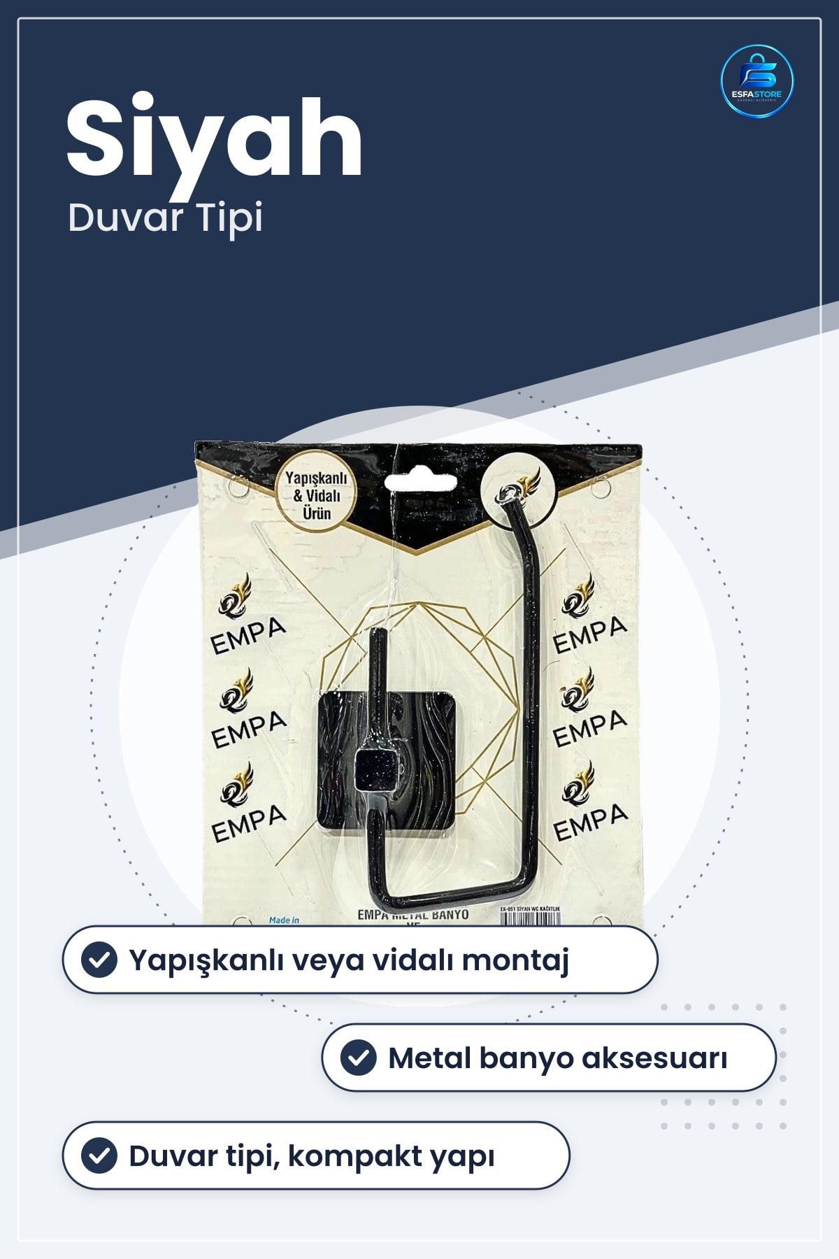 Siyah Tuvalet Kağıtlığı Yapışkanlı Vidalı Metal Banyo Aksesuarı Duvar Tipi WC Rulo Tutucu