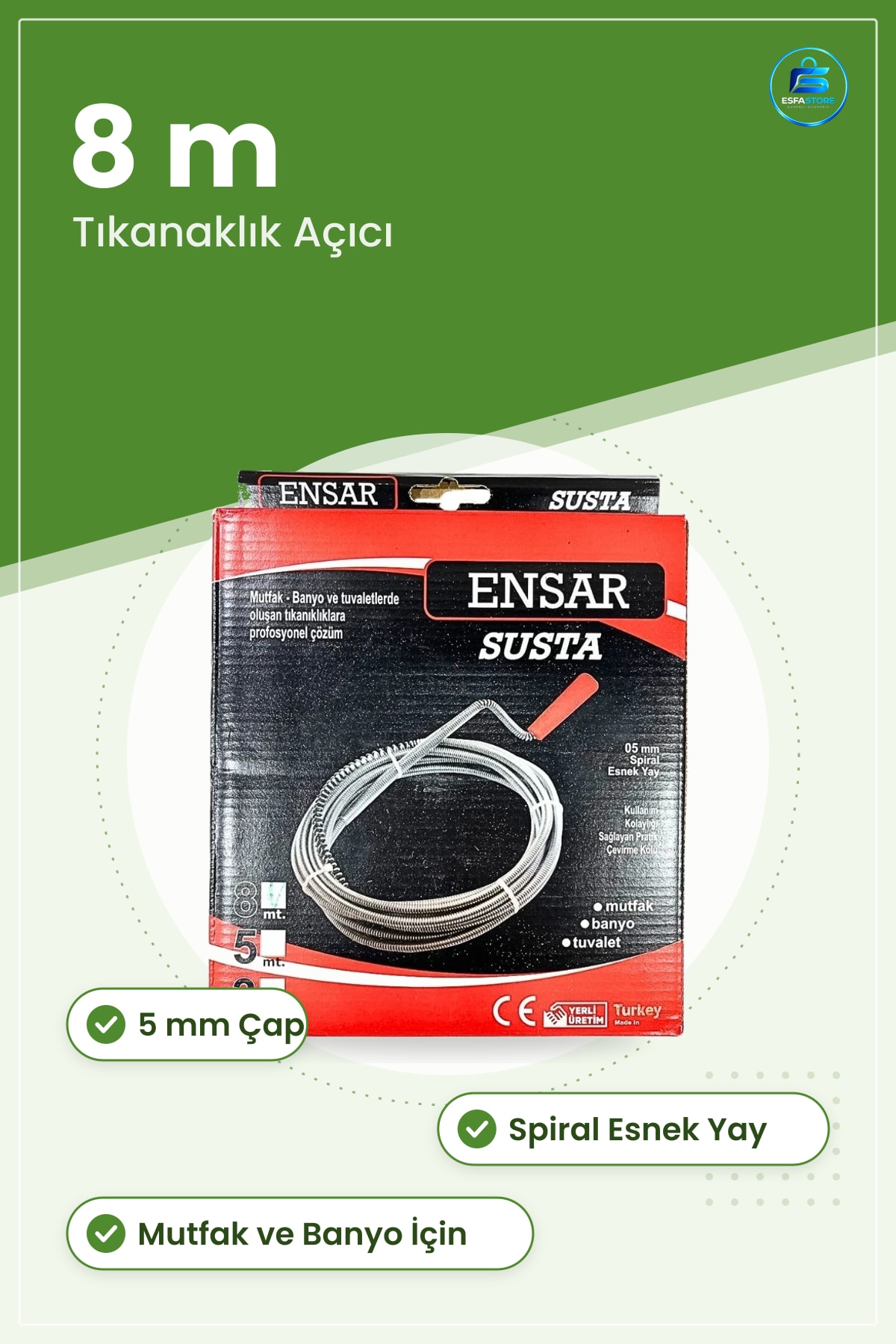 Lavabo Açıcı 8 m Açma Sustası Spiral Esnek Yay 5 mm Mutfak Banyo Tuvalet Tıkanıklık Çözücü