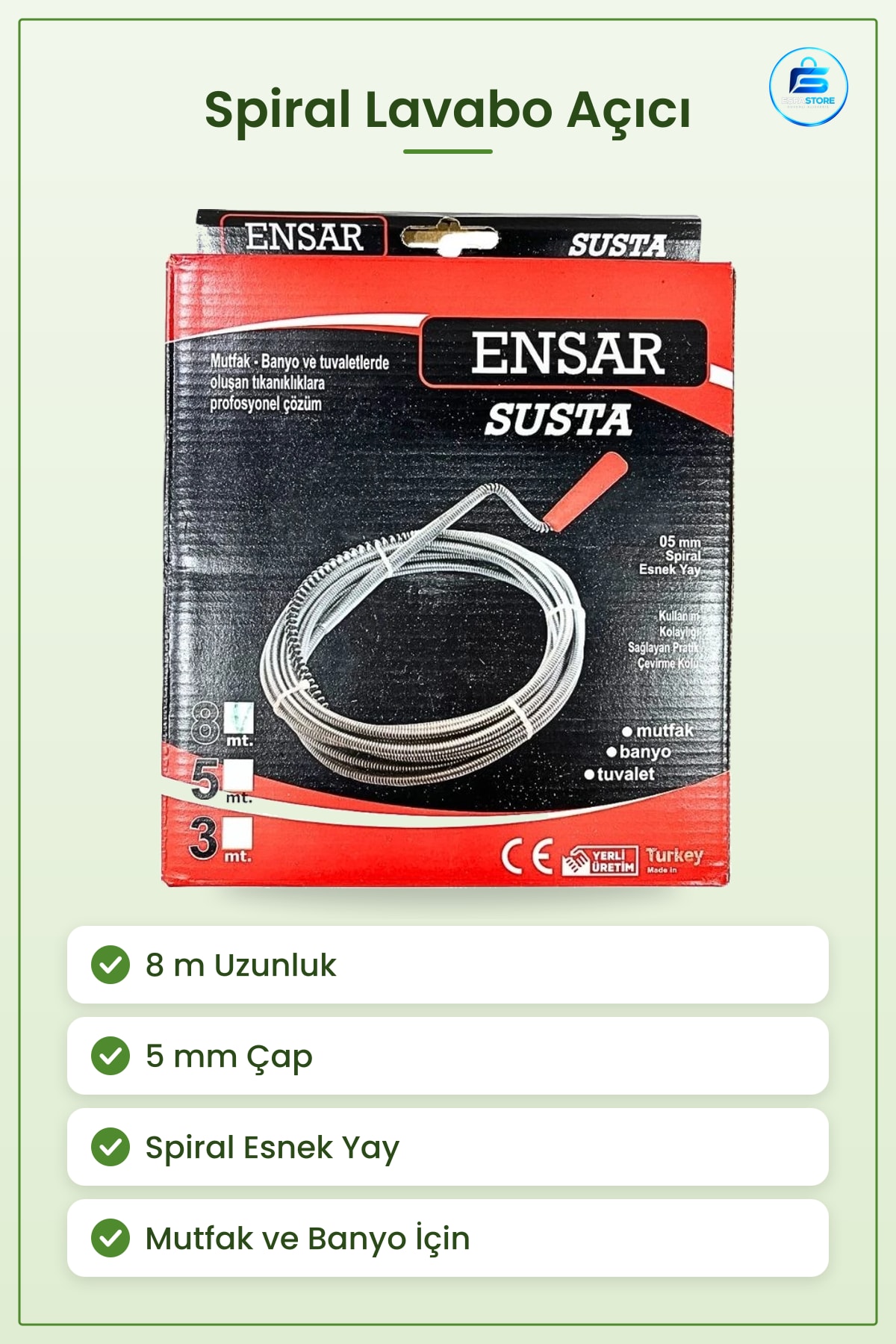 Lavabo Açıcı 8 m Açma Sustası Spiral Esnek Yay 5 mm Mutfak Banyo Tuvalet Tıkanıklık Çözücü