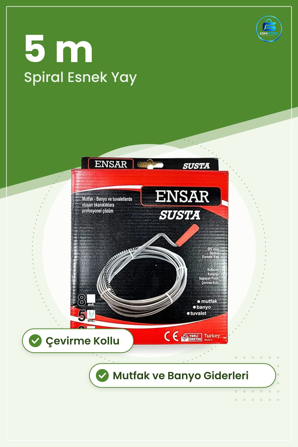 Lavabo Açıcı Susta 5 m Spiral Esnek Yay Mutfak Banyo Tuvalet Tıkanıklık Açma Sustası