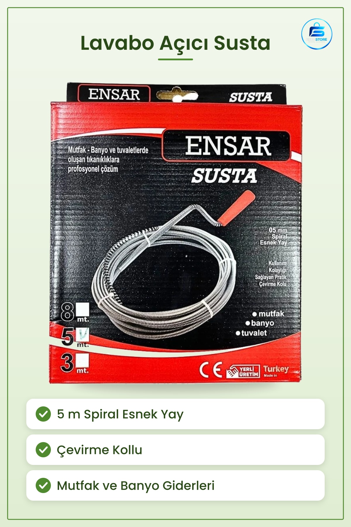 Lavabo Açıcı Susta 5 m Spiral Esnek Yay Mutfak Banyo Tuvalet Tıkanıklık Açma Sustası