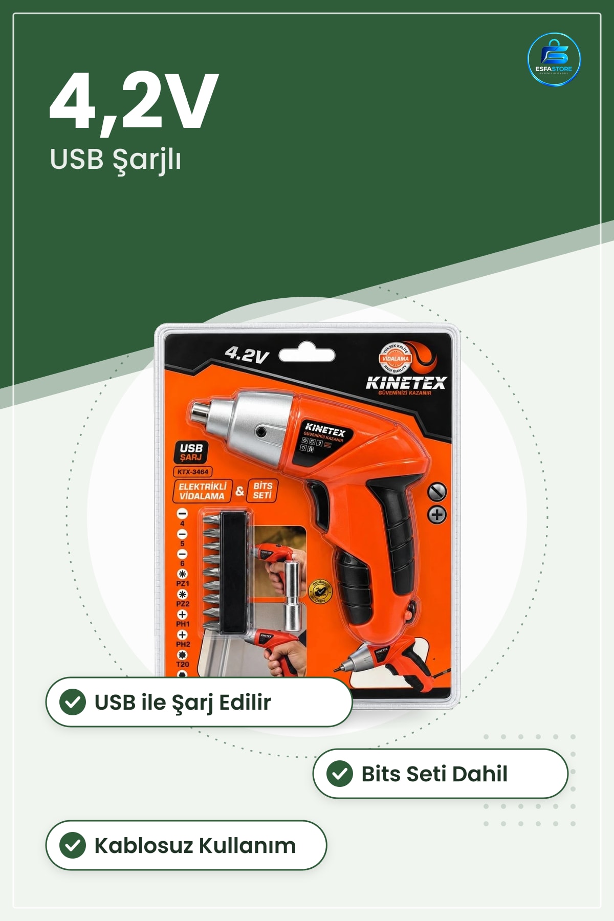 Akülü Vidalama Tornavida 4,2V USB Şarjlı Bits Setli Kablosuz Tamir Montaj Ev Bahçe Aleti