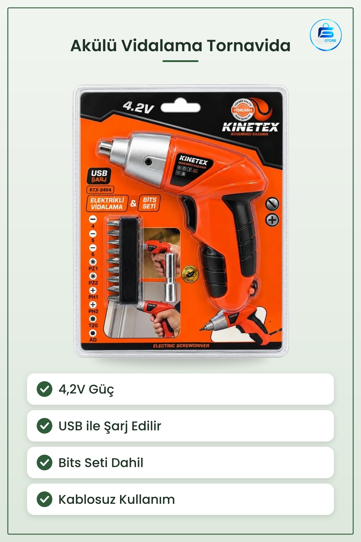 Akülü Vidalama Tornavida 4,2V USB Şarjlı Bits Setli Kablosuz Tamir Montaj Ev Bahçe Aleti