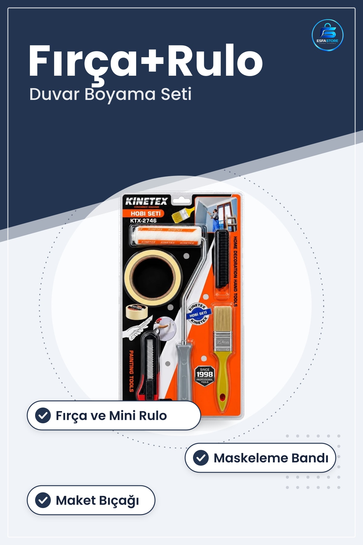 Boyacı Set Fırça ve Rulo Maskeleme Bandı Maket Bıçağı Duvar Boyama Ev Dekorasyon Hobi
