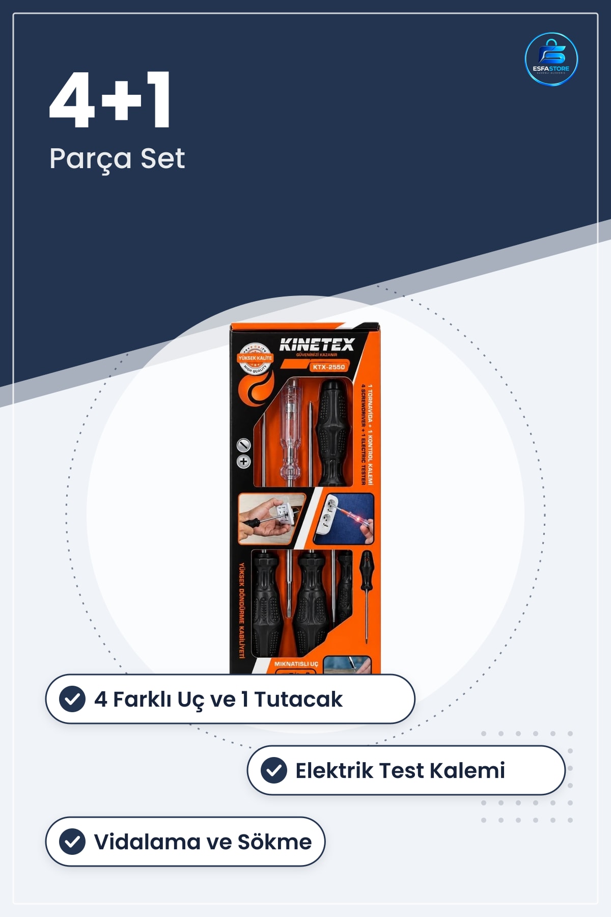 Tornavida Seti 4+1 Parça Elektrik Test Kalemi Ev Tamirat Hırdavat Aleti Kontrol Montaj Sökme