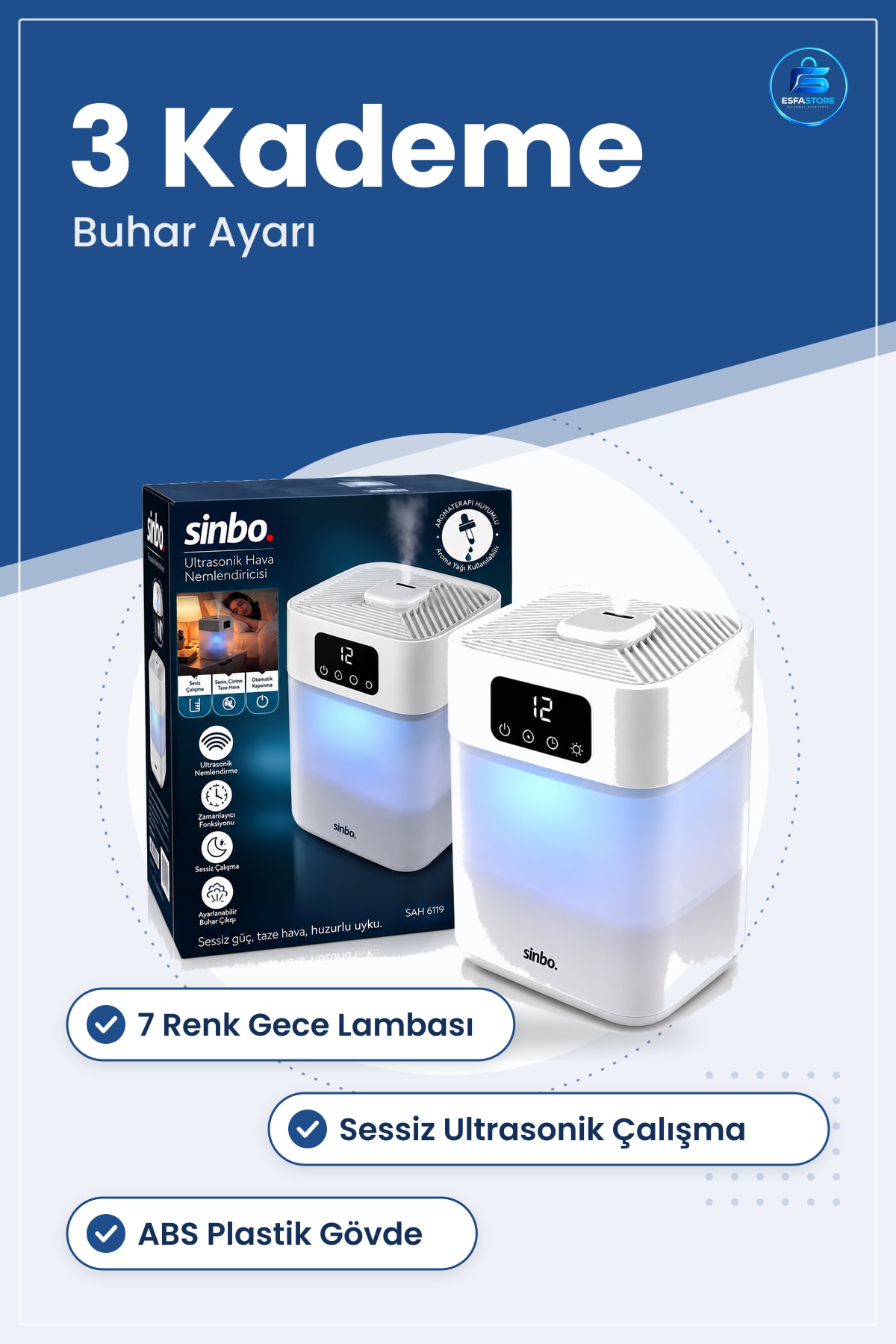 Ultrasonik Hava Nemlendirici 3 Kademeli Buhar Ayarlı Sessiz 7 Renk Gece Lambalı Ofis Yatak Odası