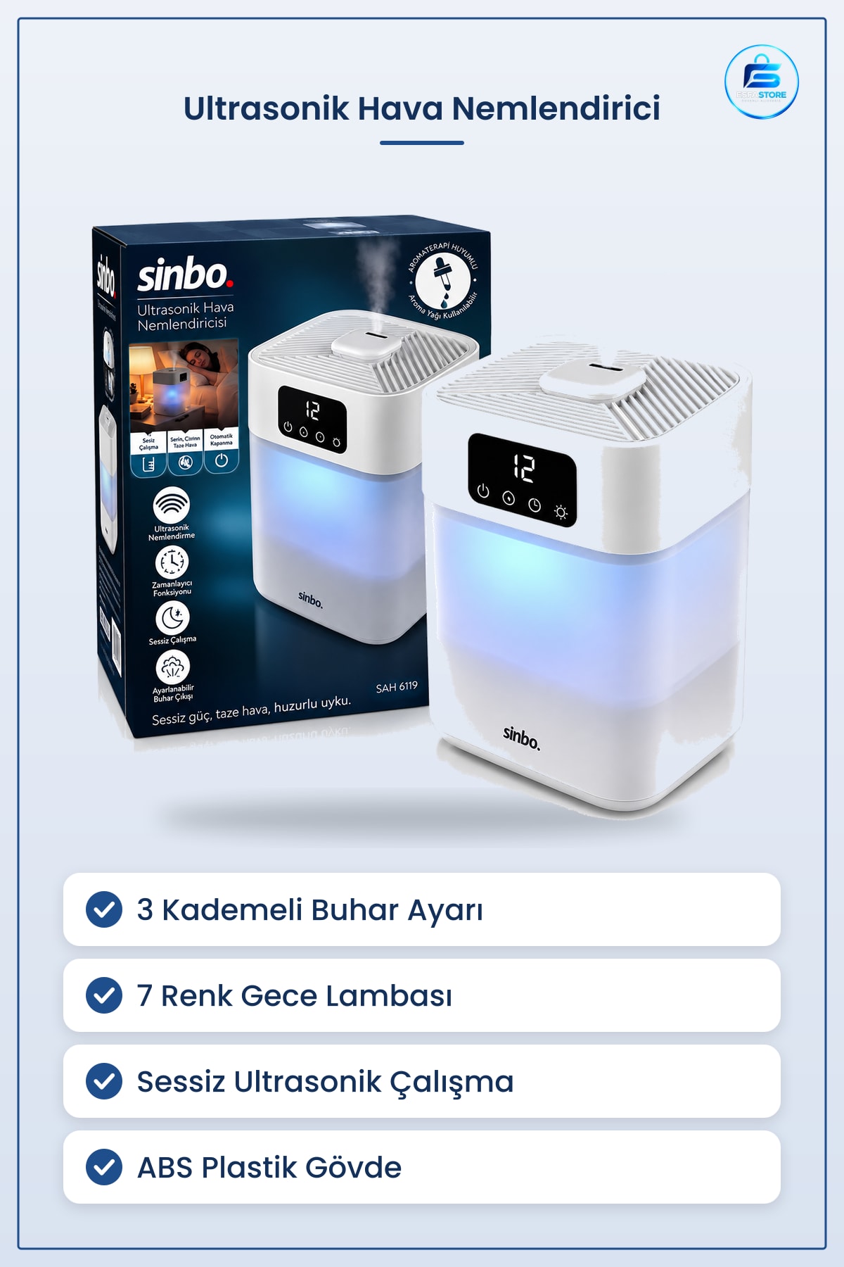 Ultrasonik Hava Nemlendirici 3 Kademeli Buhar Ayarlı Sessiz 7 Renk Gece Lambalı Ofis Yatak Odası