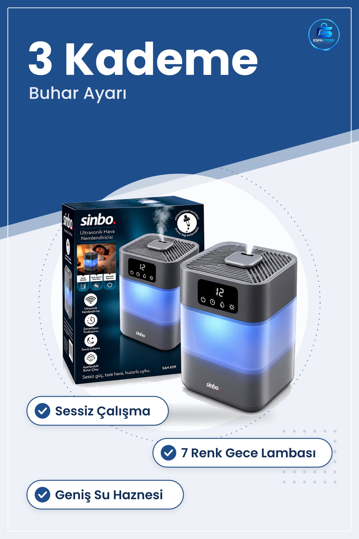 Ultrasonik Hava Nemlendirici 3 Kademe Buhar Ayarlı Sessiz Çalışma 7 Renk Gece Lambalı Ev Ofis
