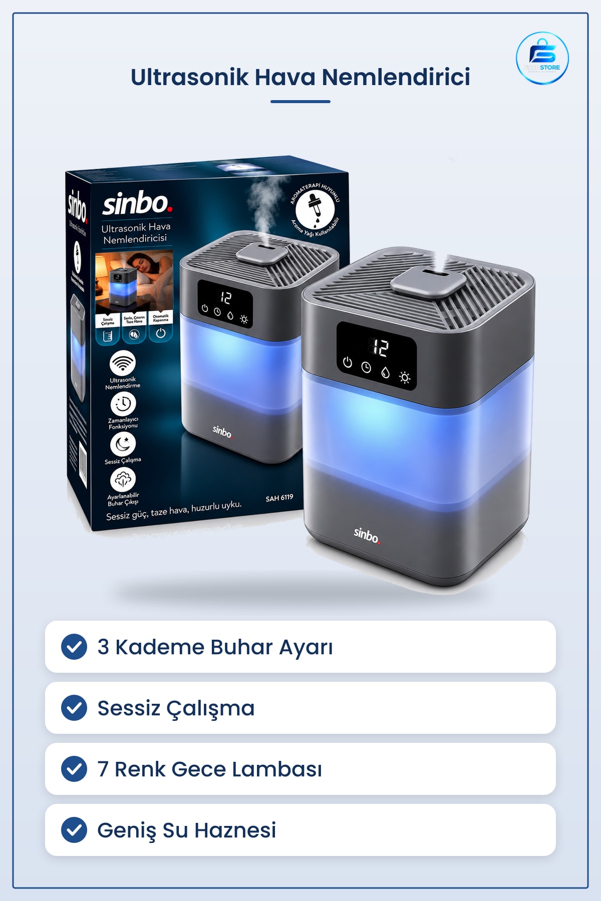 Ultrasonik Hava Nemlendirici 3 Kademe Buhar Ayarlı Sessiz Çalışma 7 Renk Gece Lambalı Ev Ofis