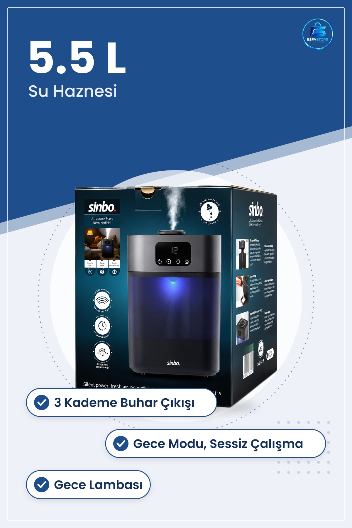 Ultrasonik Hava Nemlendirici 5.5L Sessiz 3 Kademe 7 Renk Gece Lambası Yatak Bebek Odası