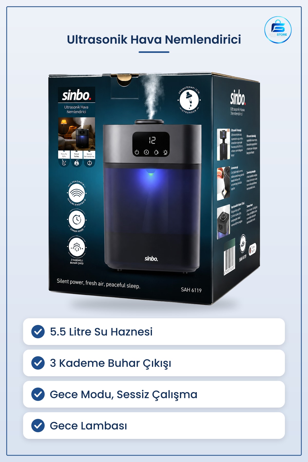 Ultrasonik Hava Nemlendirici 5.5L Sessiz 3 Kademe 7 Renk Gece Lambası Yatak Bebek Odası