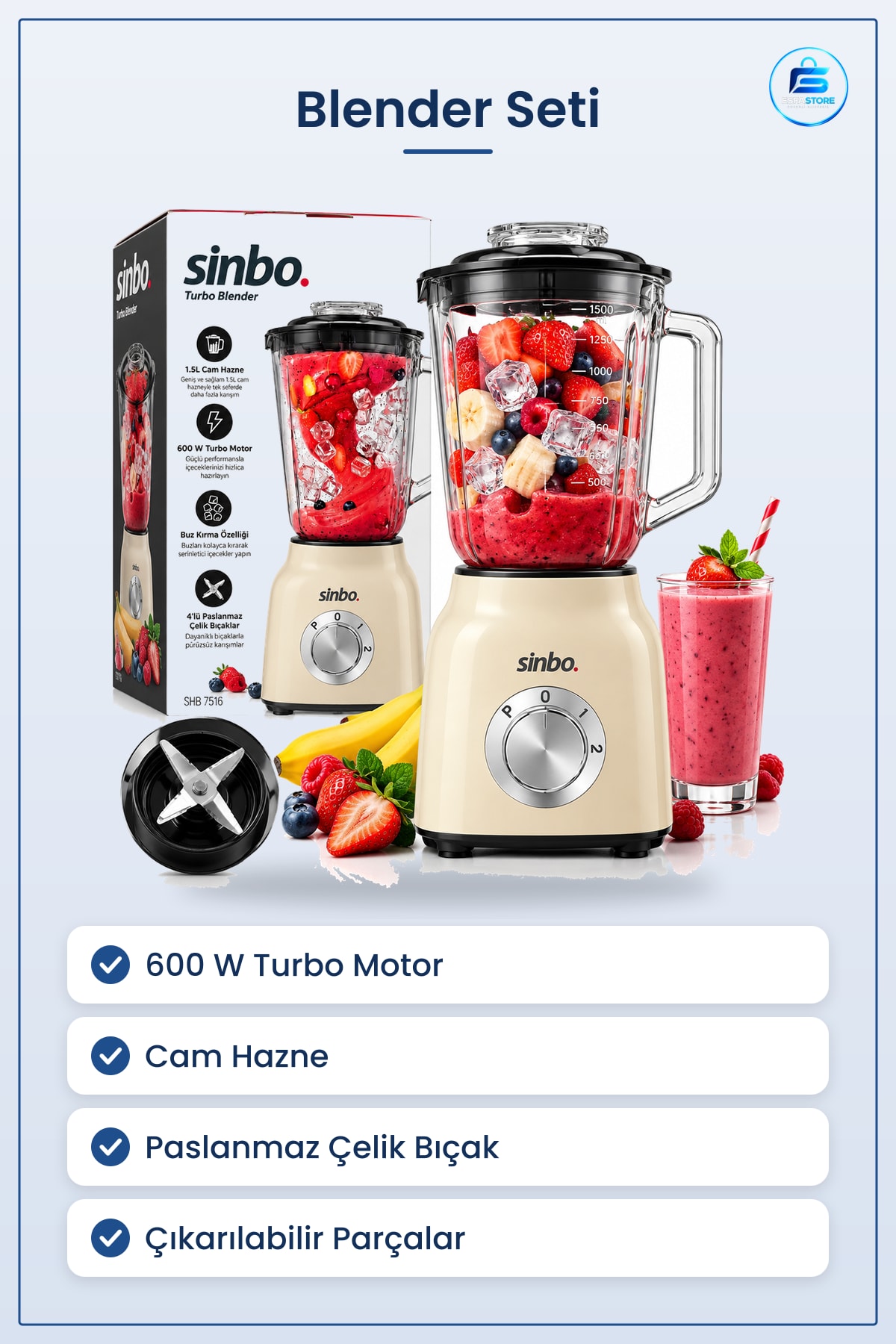 Blender Seti 600 W Turbo Cam Hazneli Paslanmaz Çelik Bıçaklı Doğrayıcı Mikser Mutfak Karıştırıcı